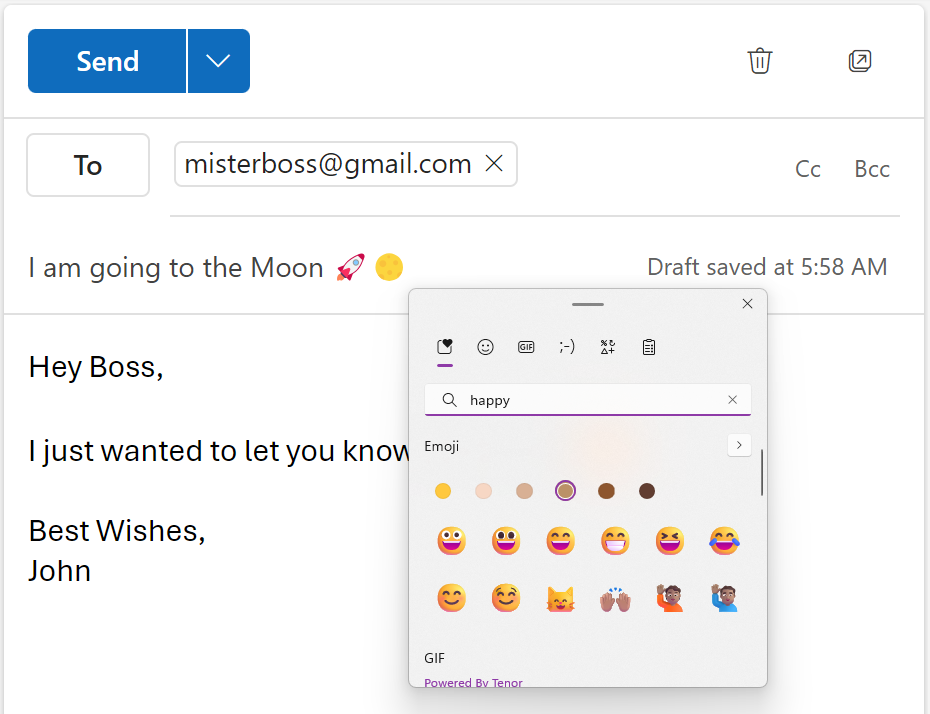 Emoji popup in Outlook