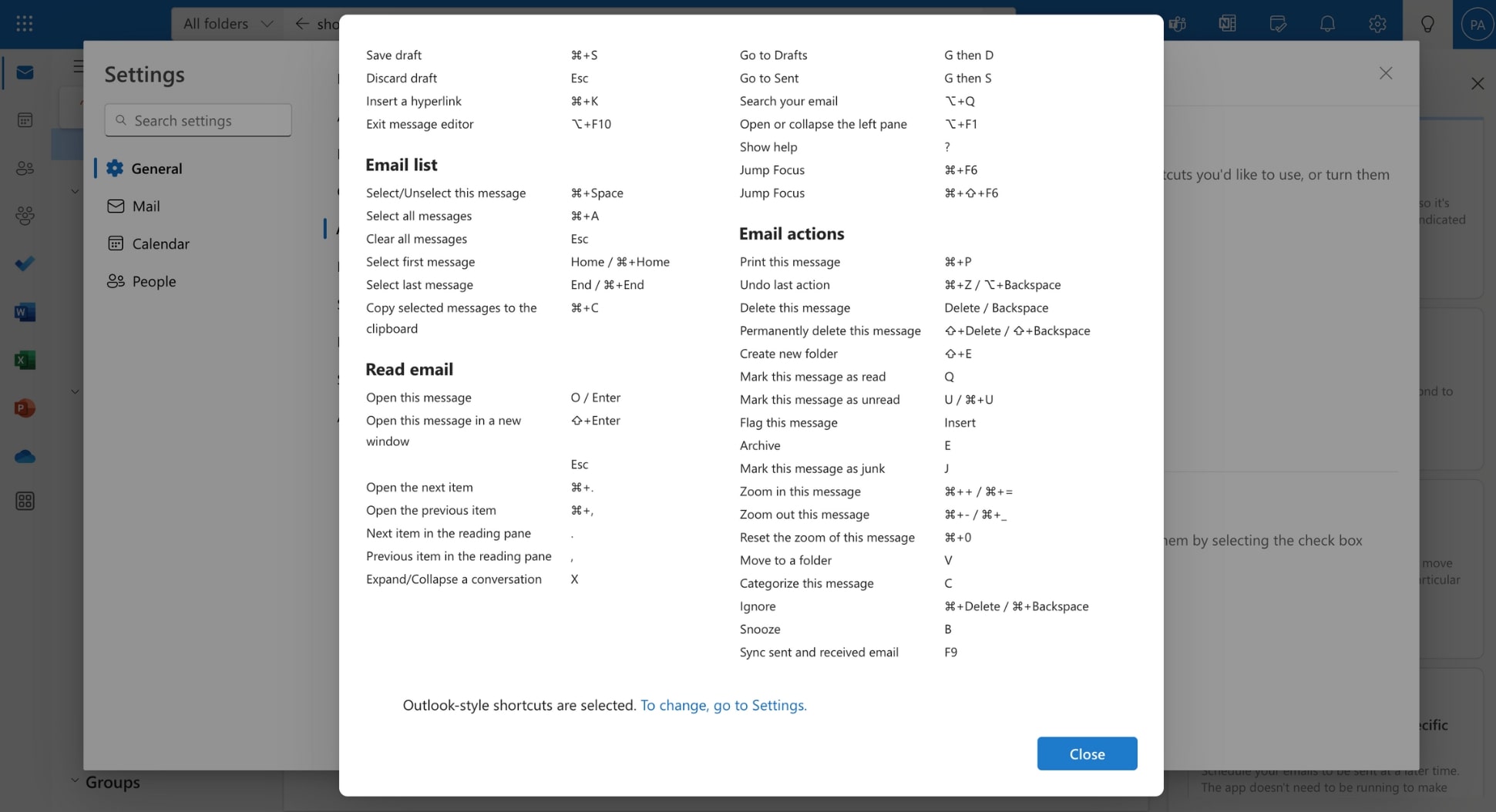 How to find the full list of supported keyboard shortcuts in Outlook