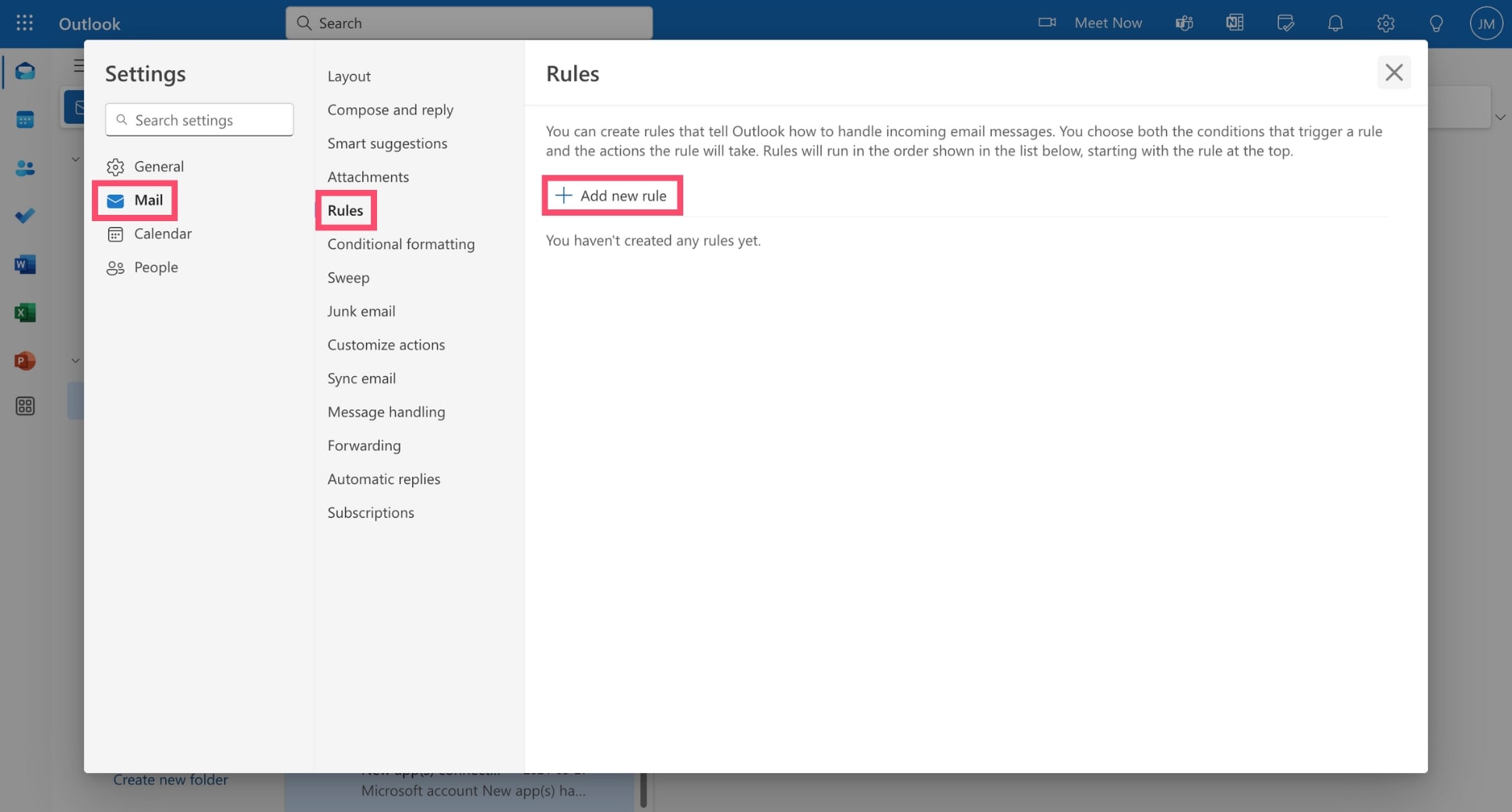 Add a new rule in Outlook