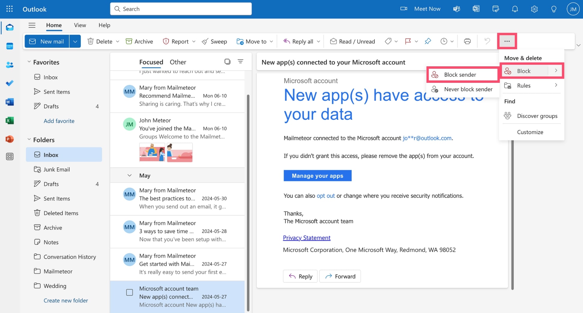 Block a sender in Outlook