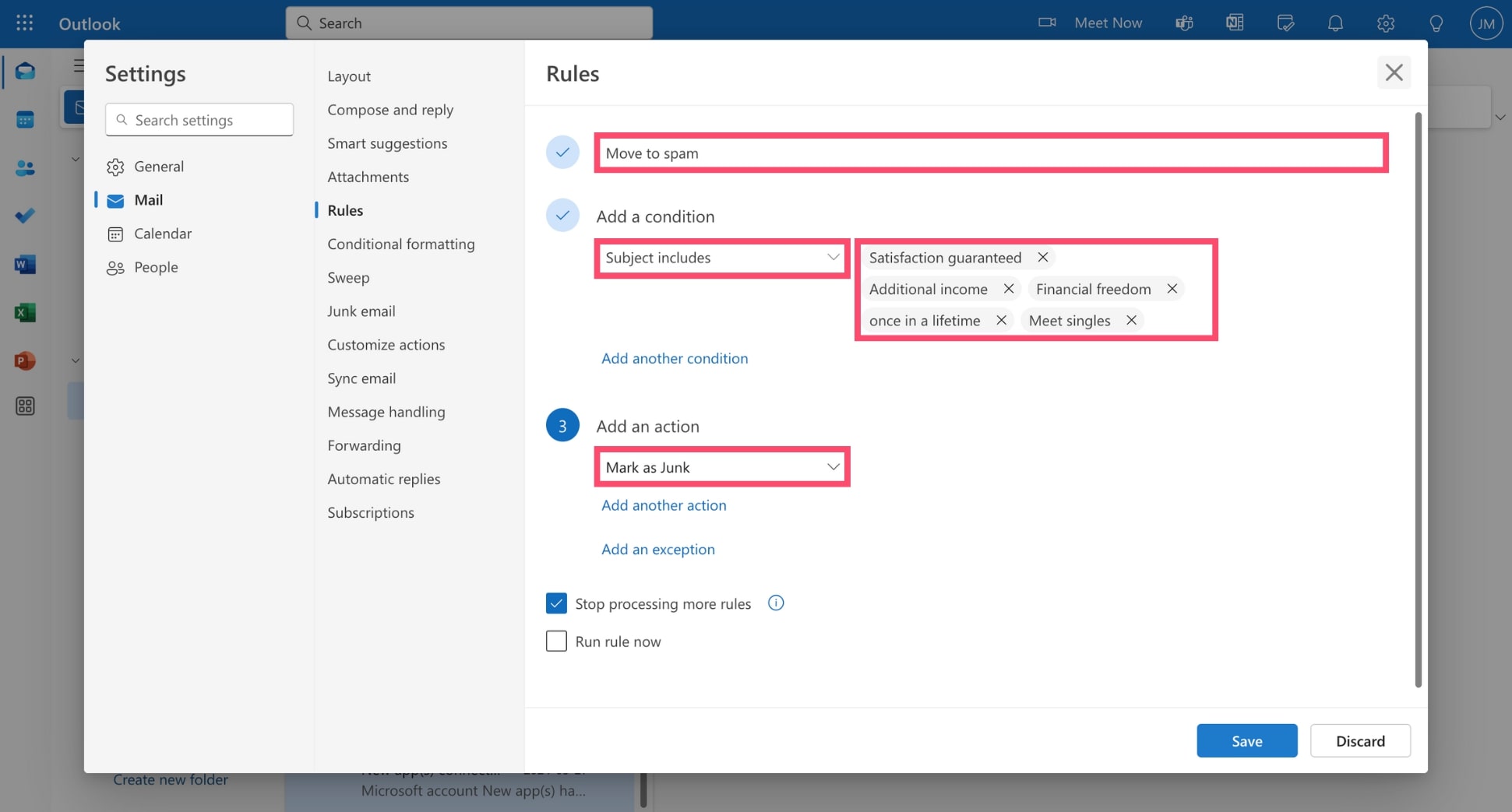 Create an anti-spam rule in MS Outlook