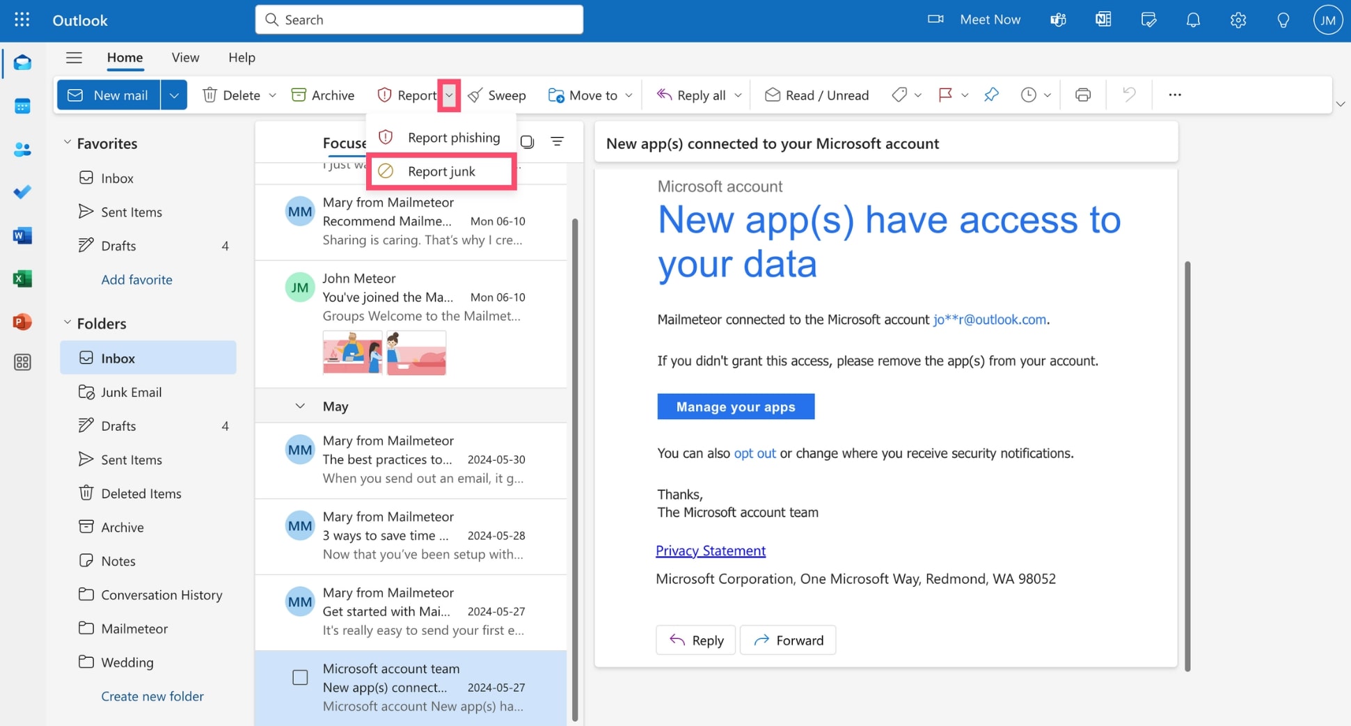 Report an email as junk in Outlook