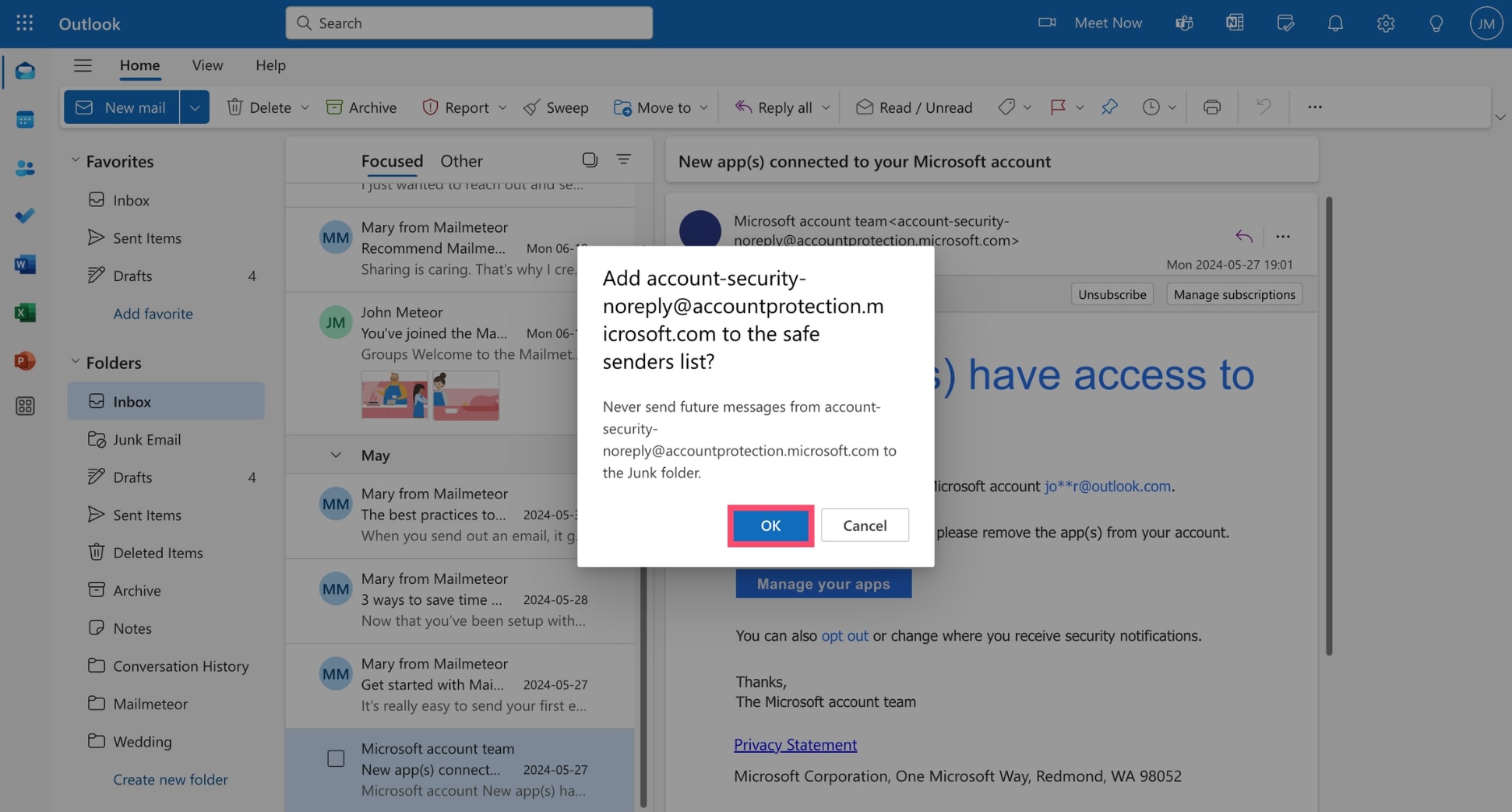 Add someone to your safe senders list in Outlook