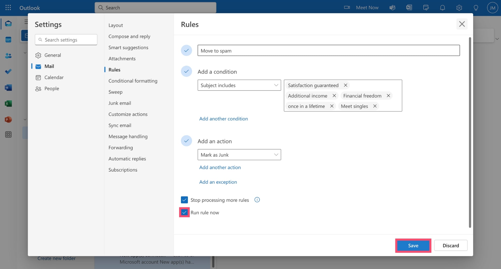 Save your spam filtering rule in Outlook