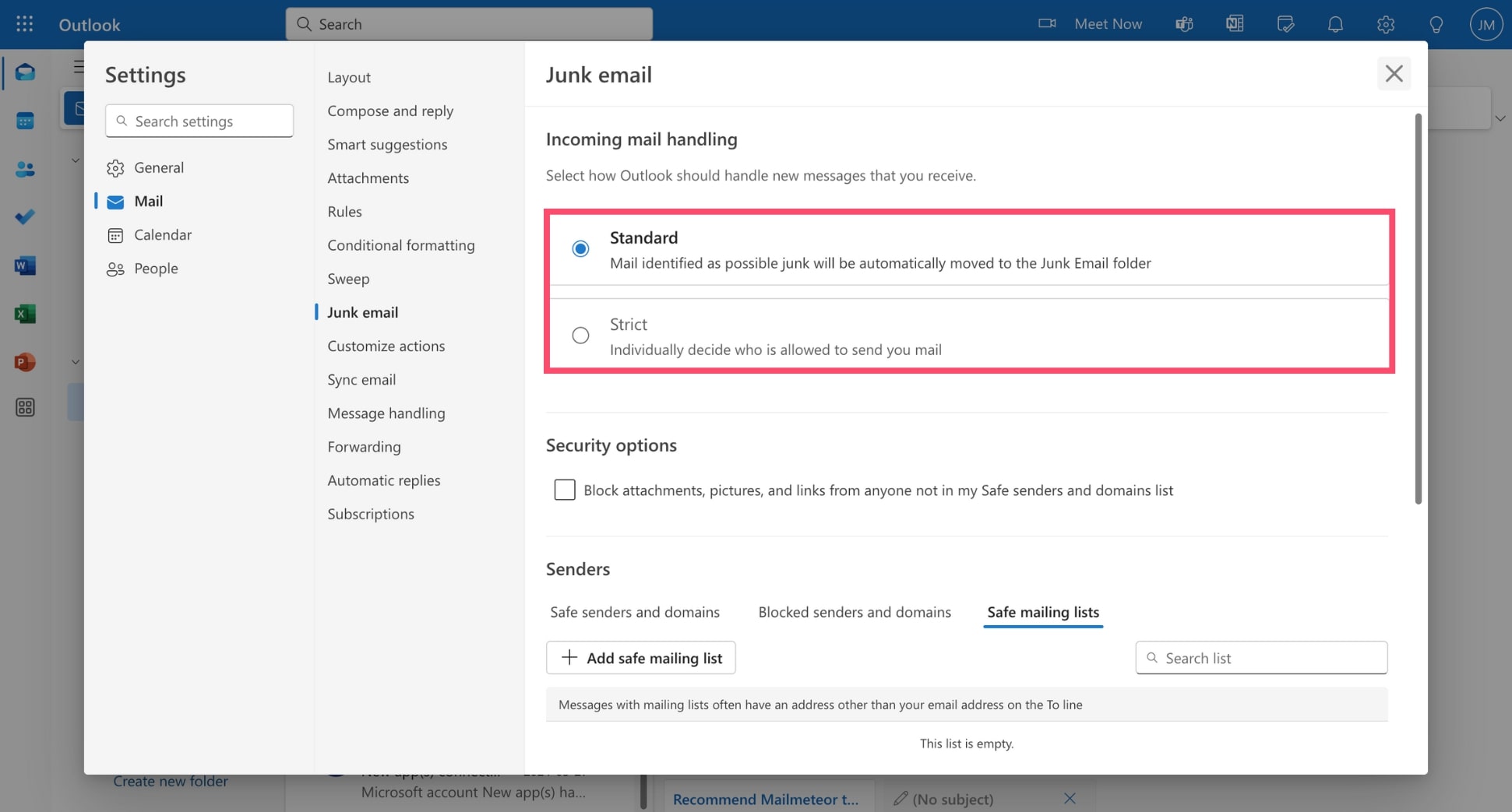 Select your mail handling mode in Outlook