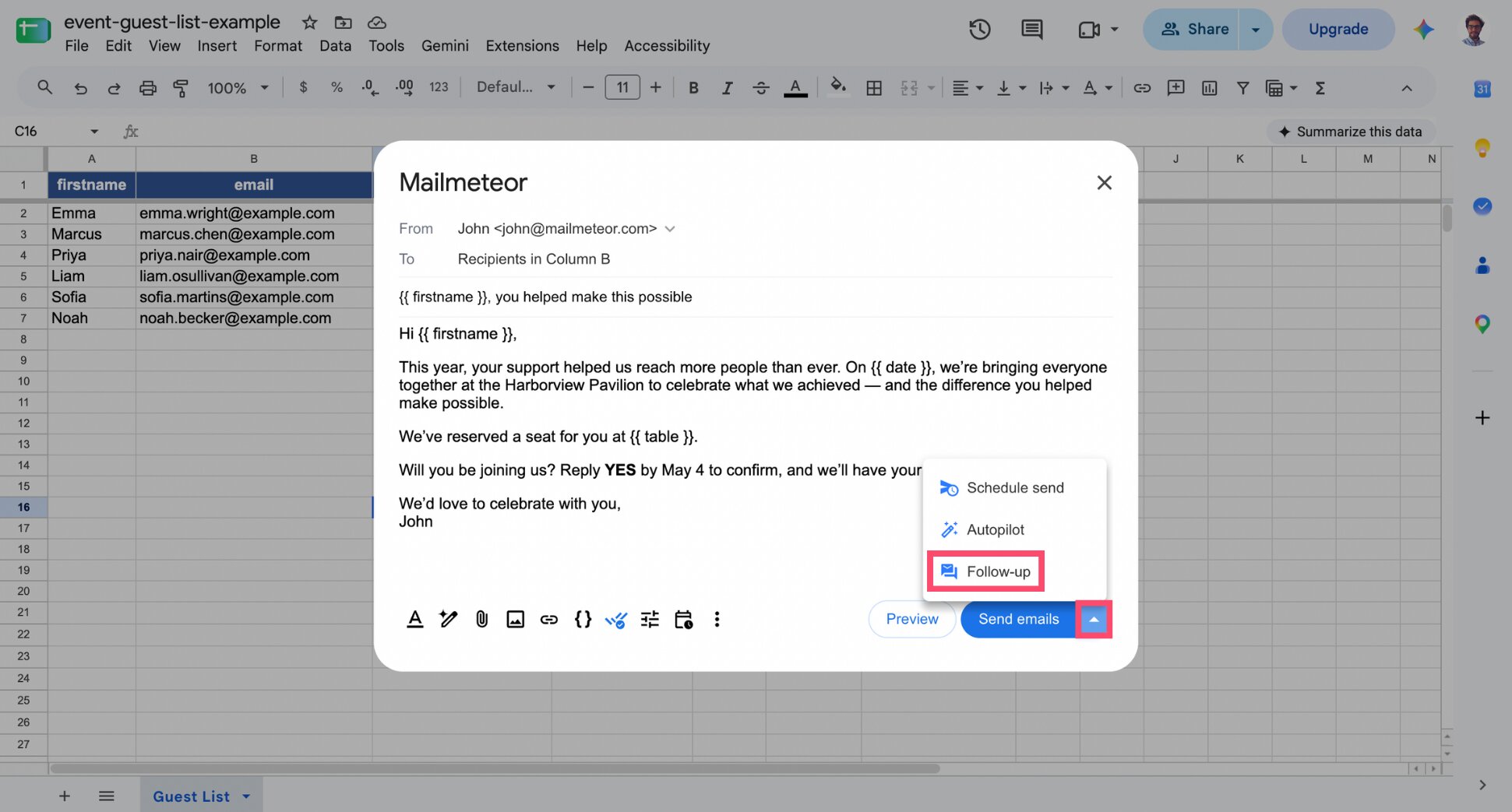 Mailmeteor compose window with the Follow-up option highlighted