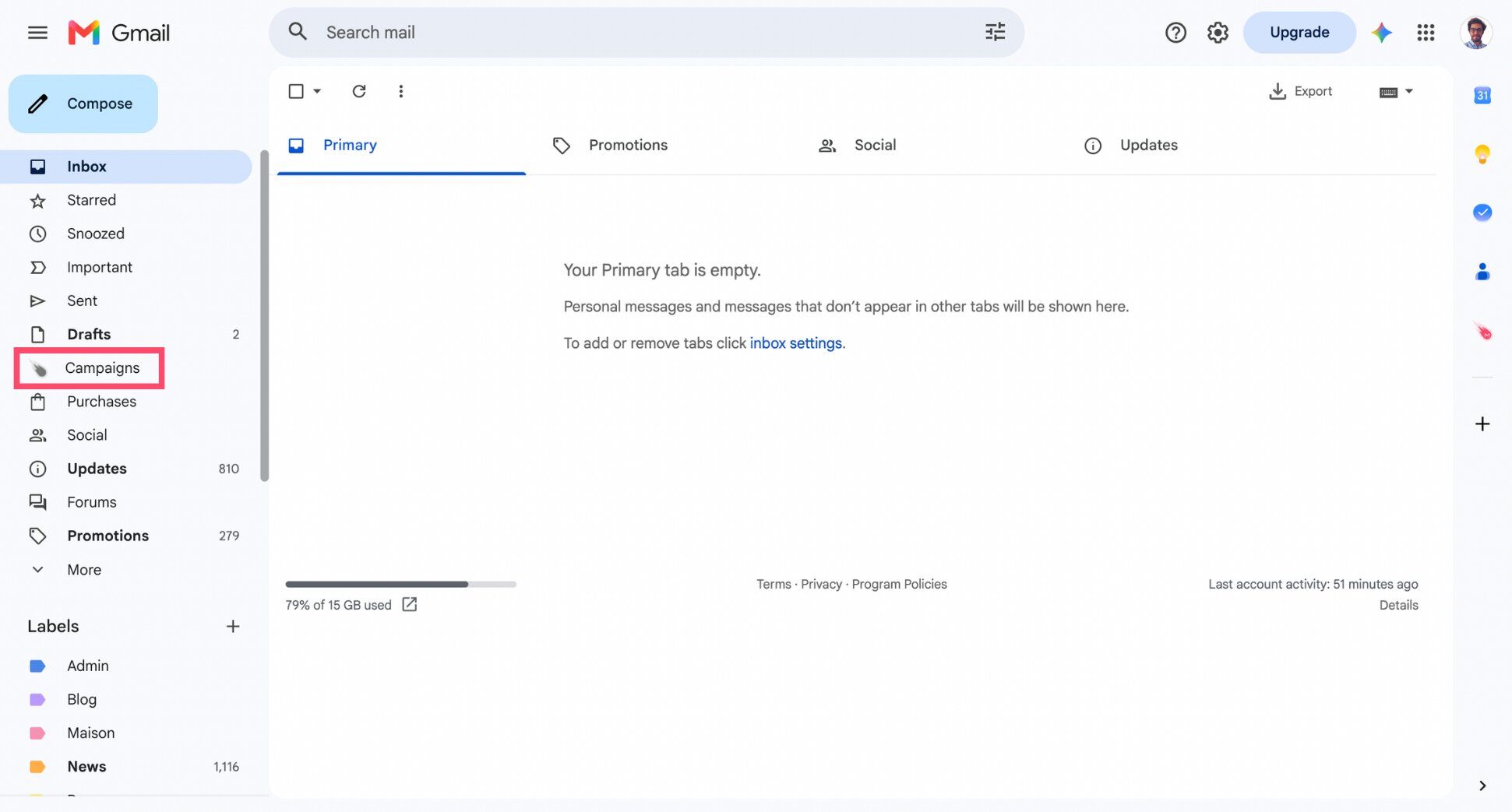 Gmail left sidebar with More expanded showing the Campaigns option