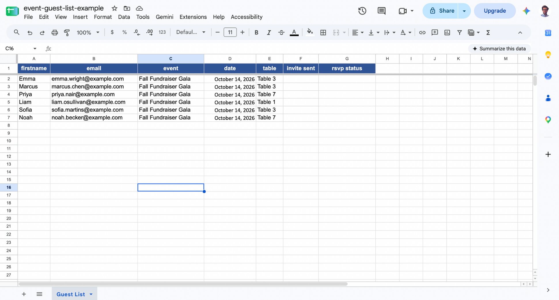 Google Sheet with guest list