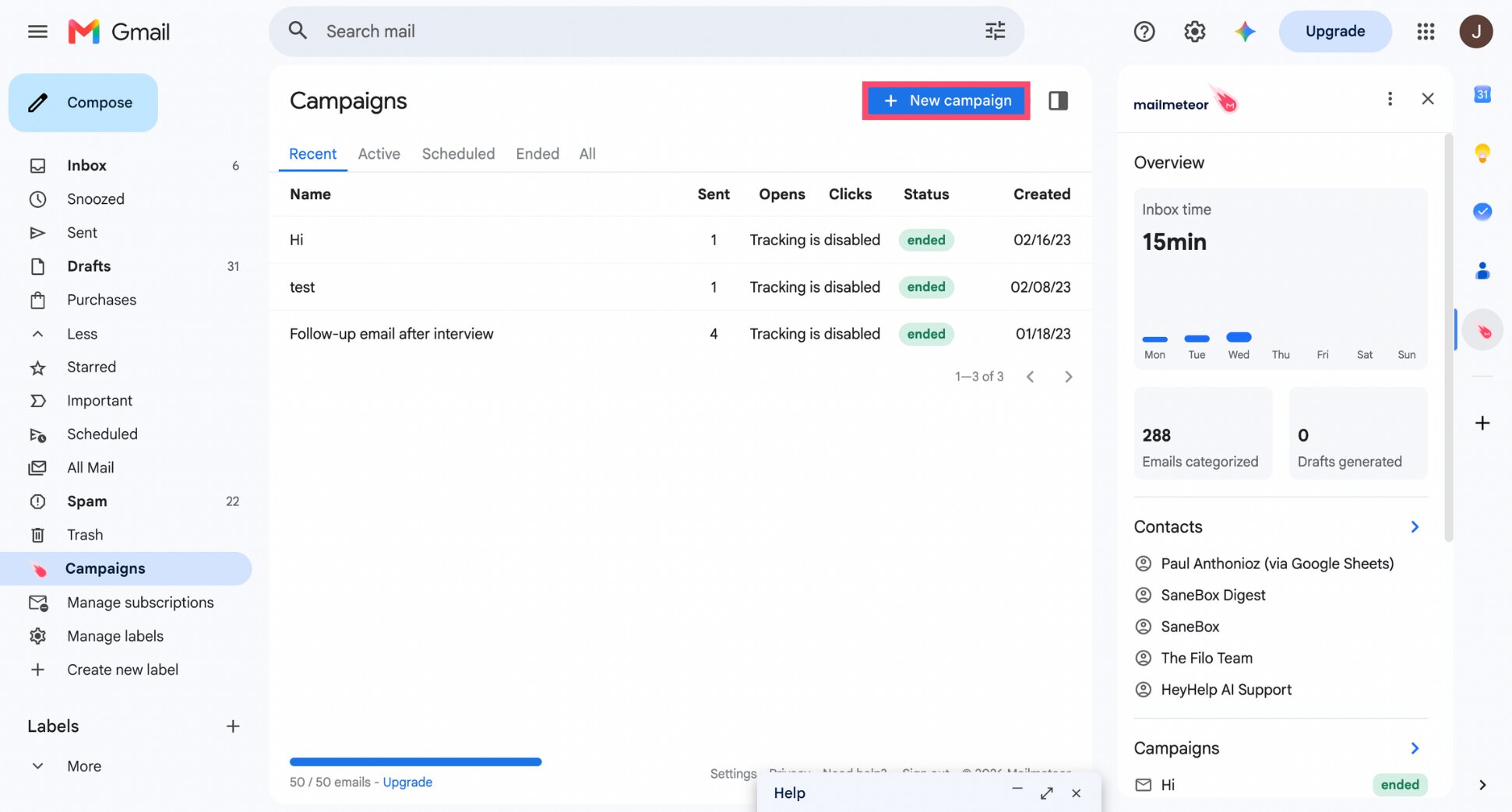 Mailmeteor Campaigns panel with New campaign button