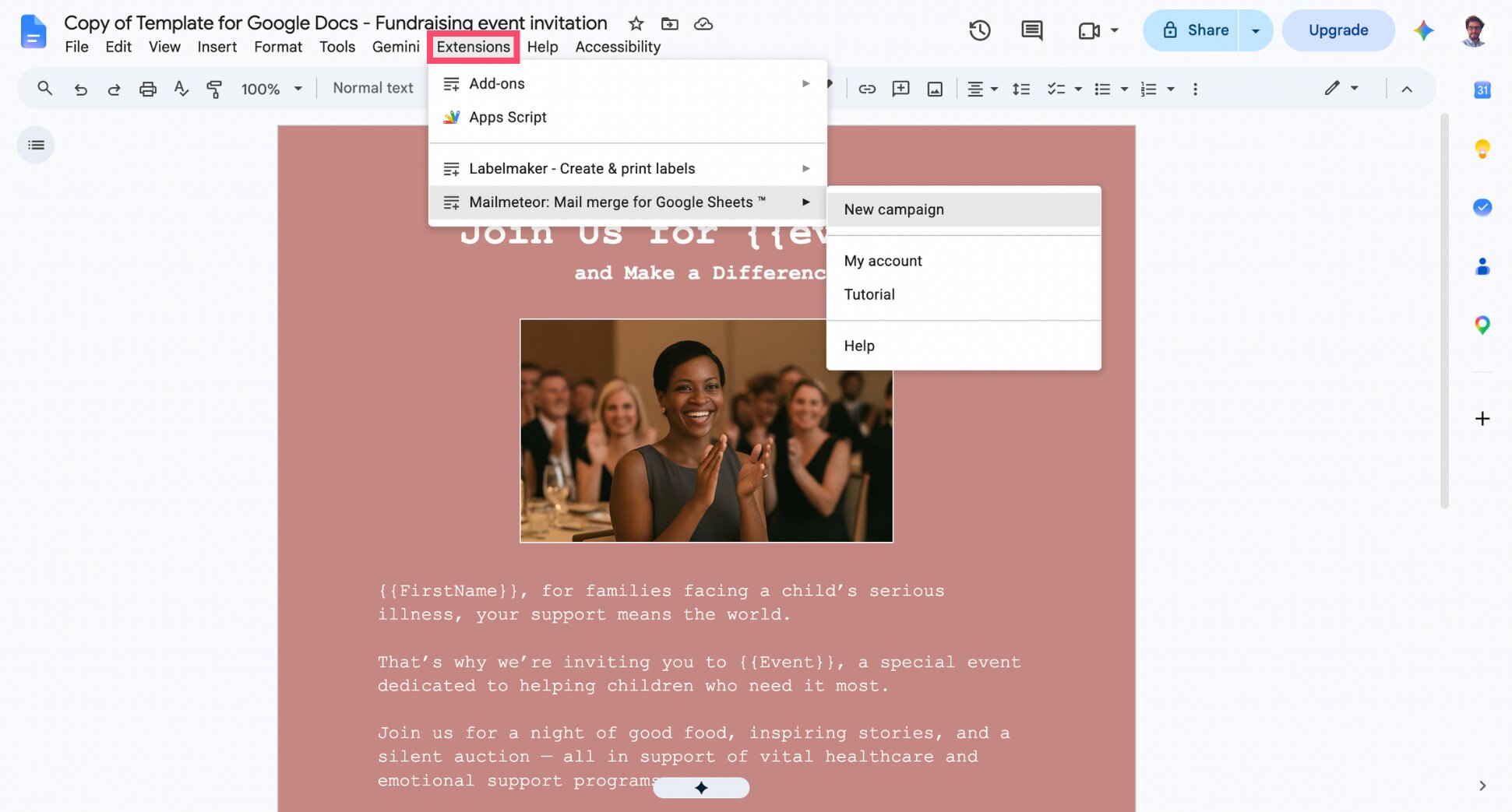 Google Docs Extensions menu showing Mailmeteor New campaign