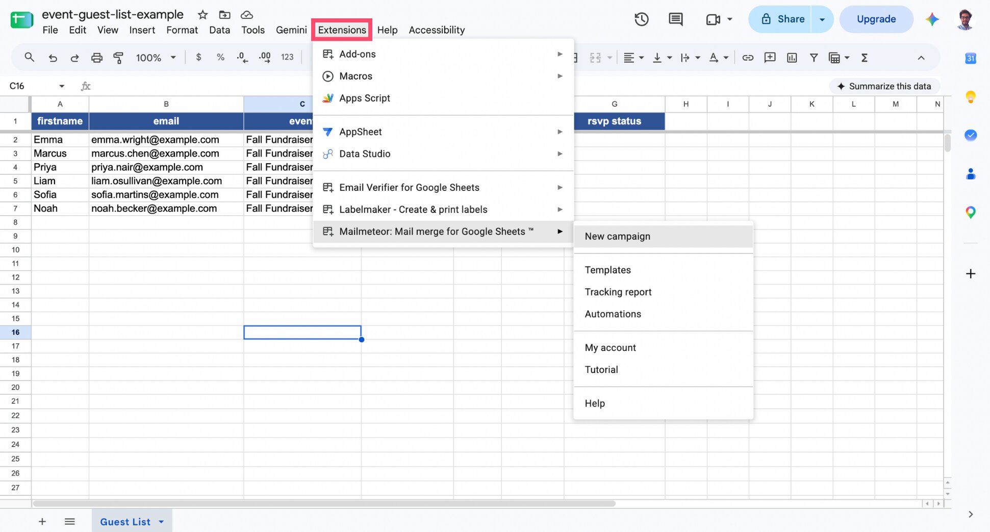 Google Sheets Extensions menu