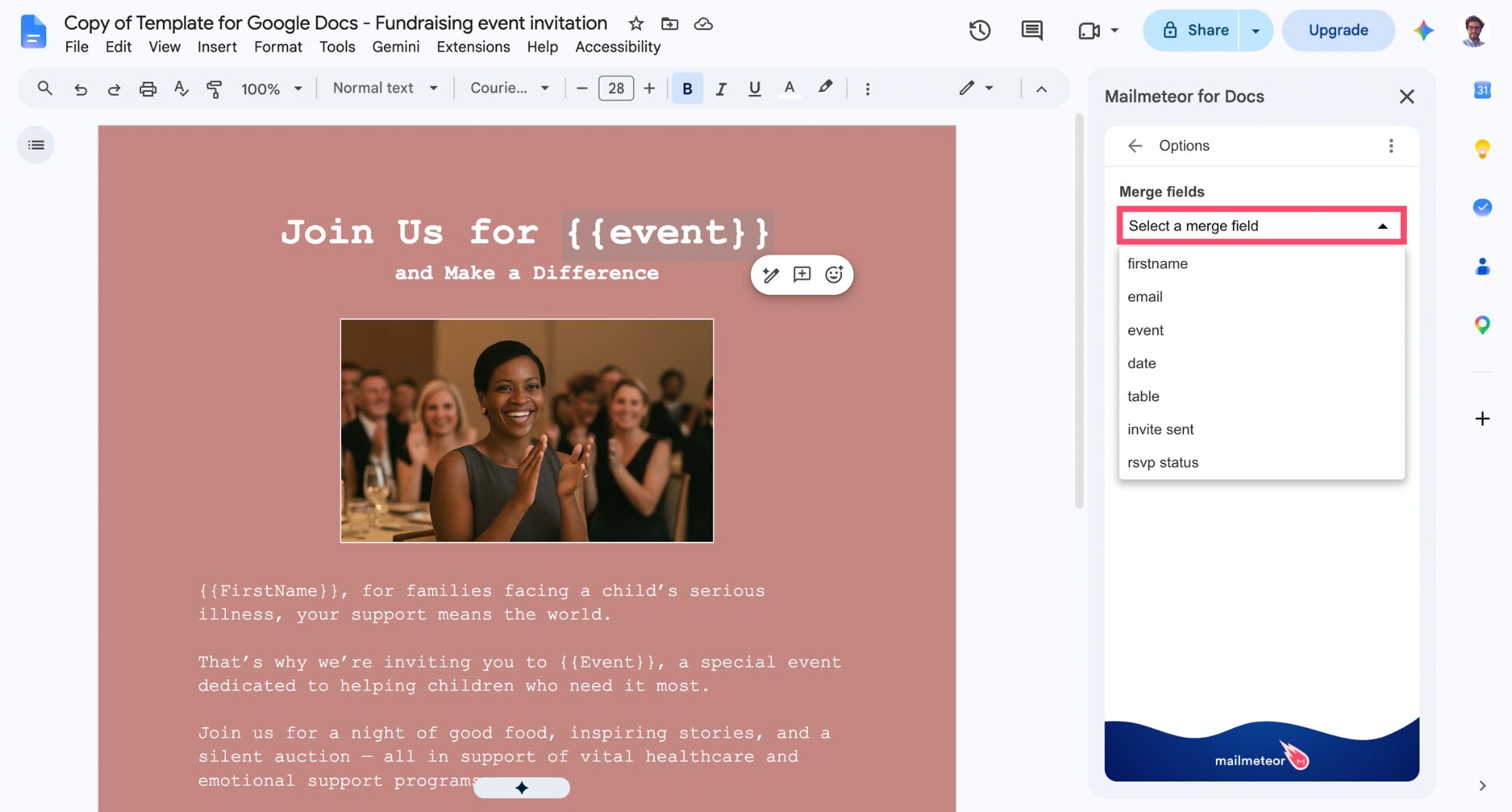 Google Doc invitation draft with Insert variable merge fields