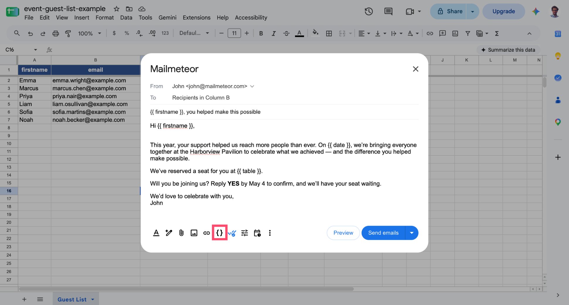Mailmeteor template editor with merge fields for guest name and event date