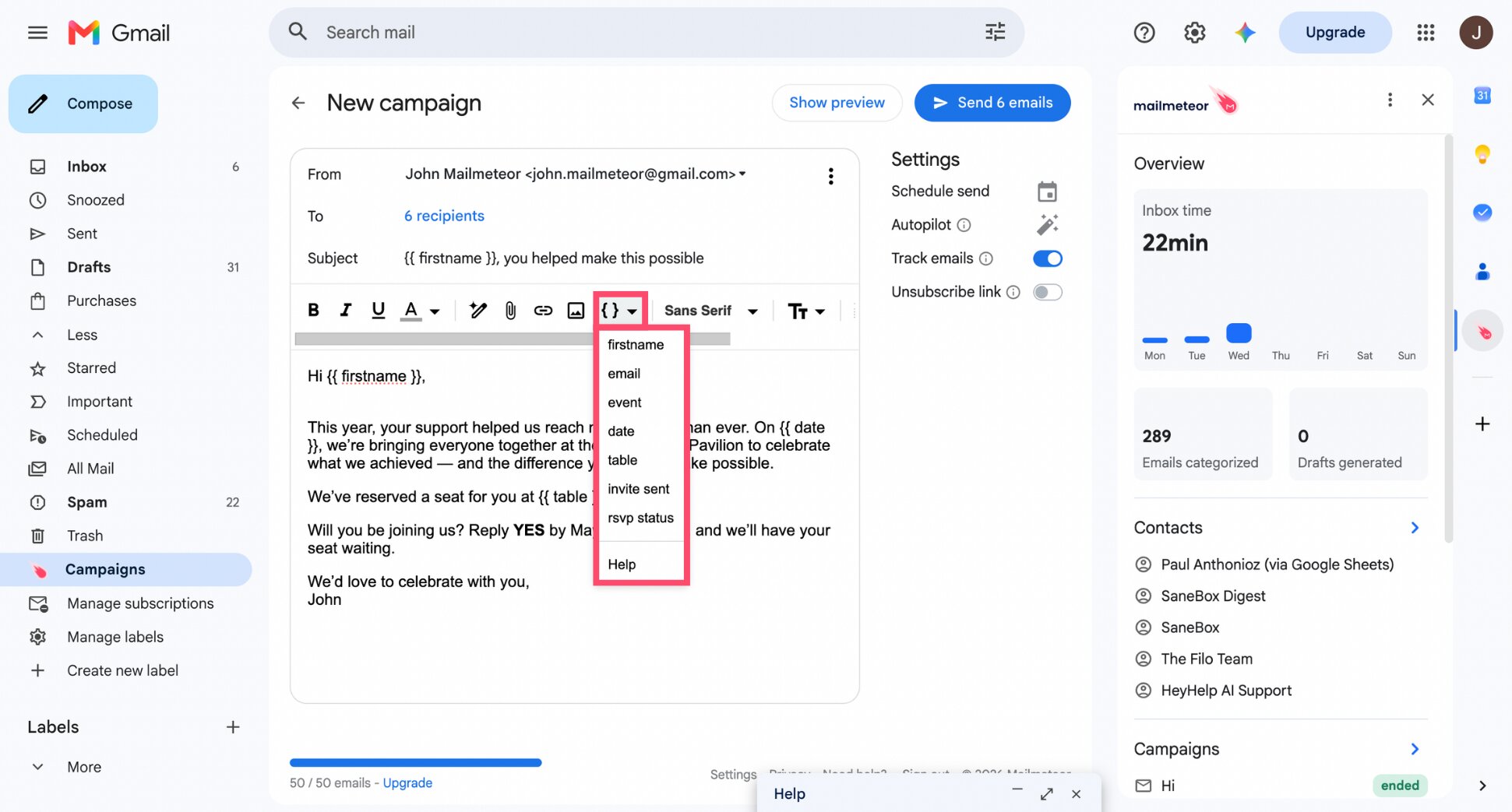 Mailmeteor email editor with Insert variable button and merge fields