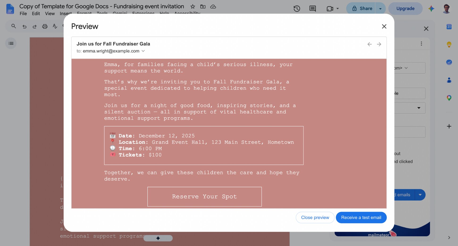 Mailmeteor preview screen showing a personalized invitation email