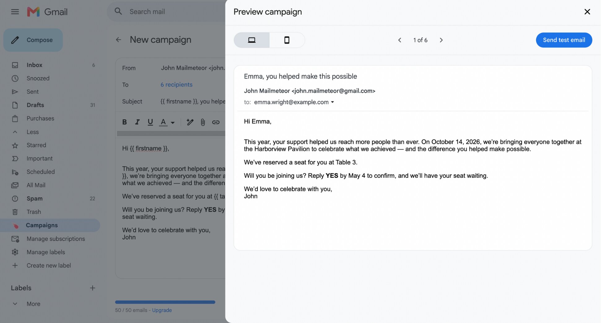 Mailmeteor campaign preview showing a personalized invitation email