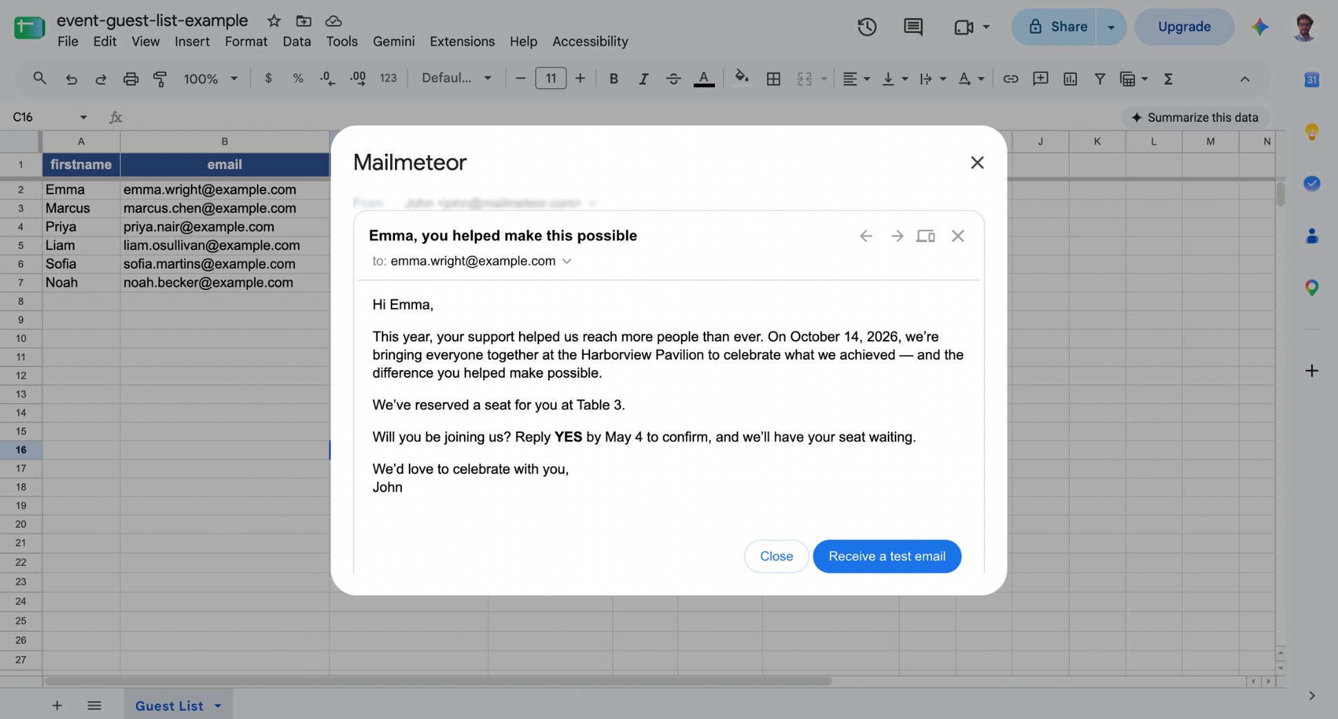 Mailmeteor preview screen showing a personalized invitation email