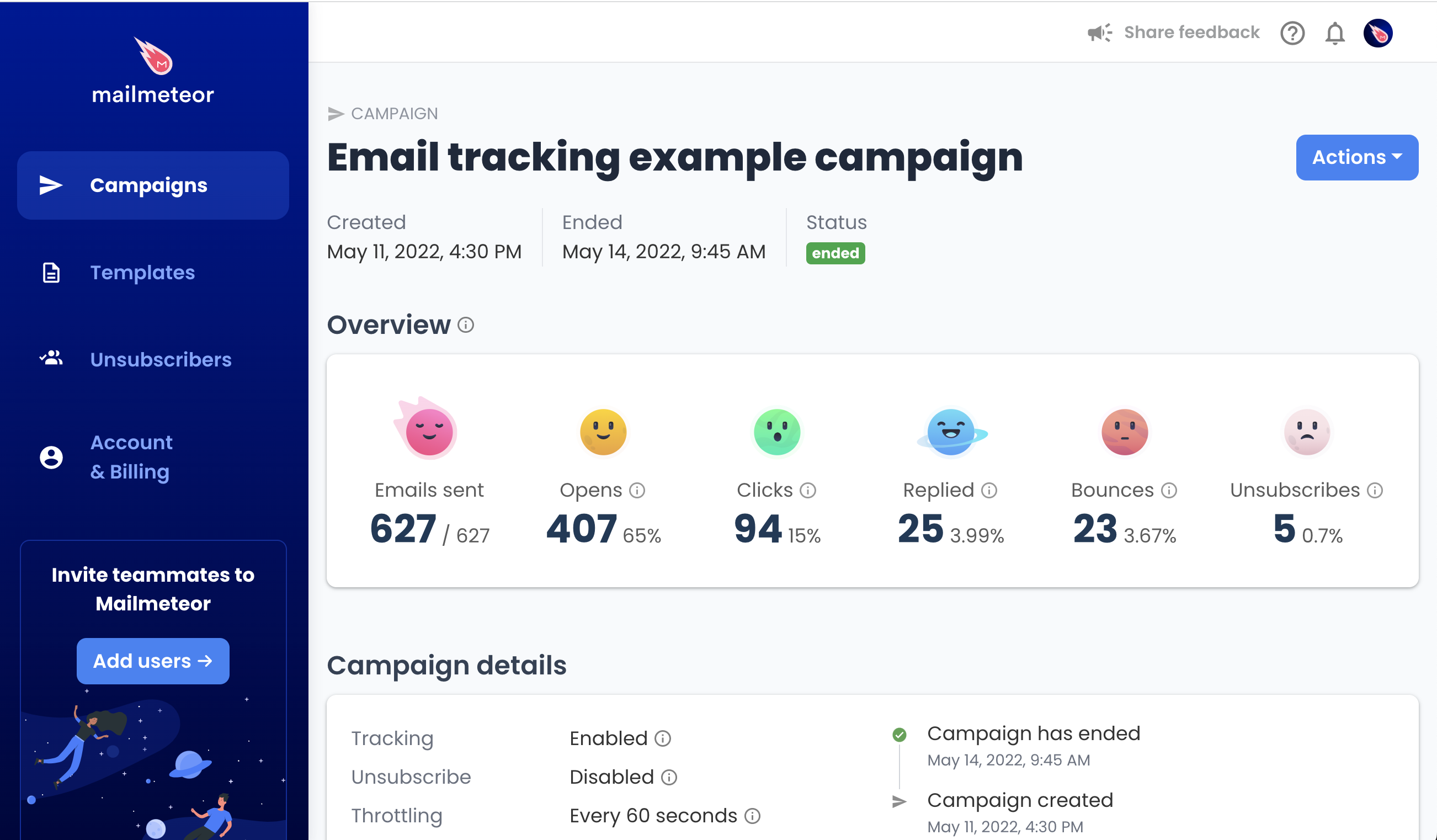 Mailmeteor Dashboard tracking report showing Campaign status for each guest — Sent, Opened, Clicked, Replied, Bounced, or Unsubscribed