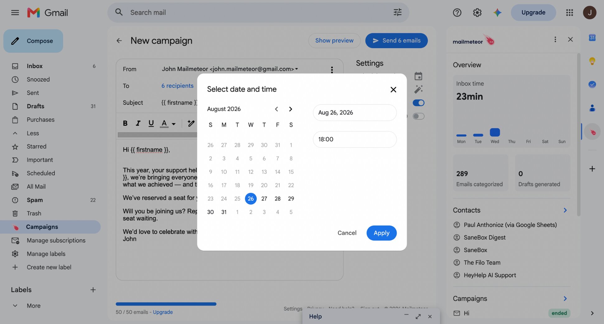 Mailmeteor schedule screen with date and time picker and Send button