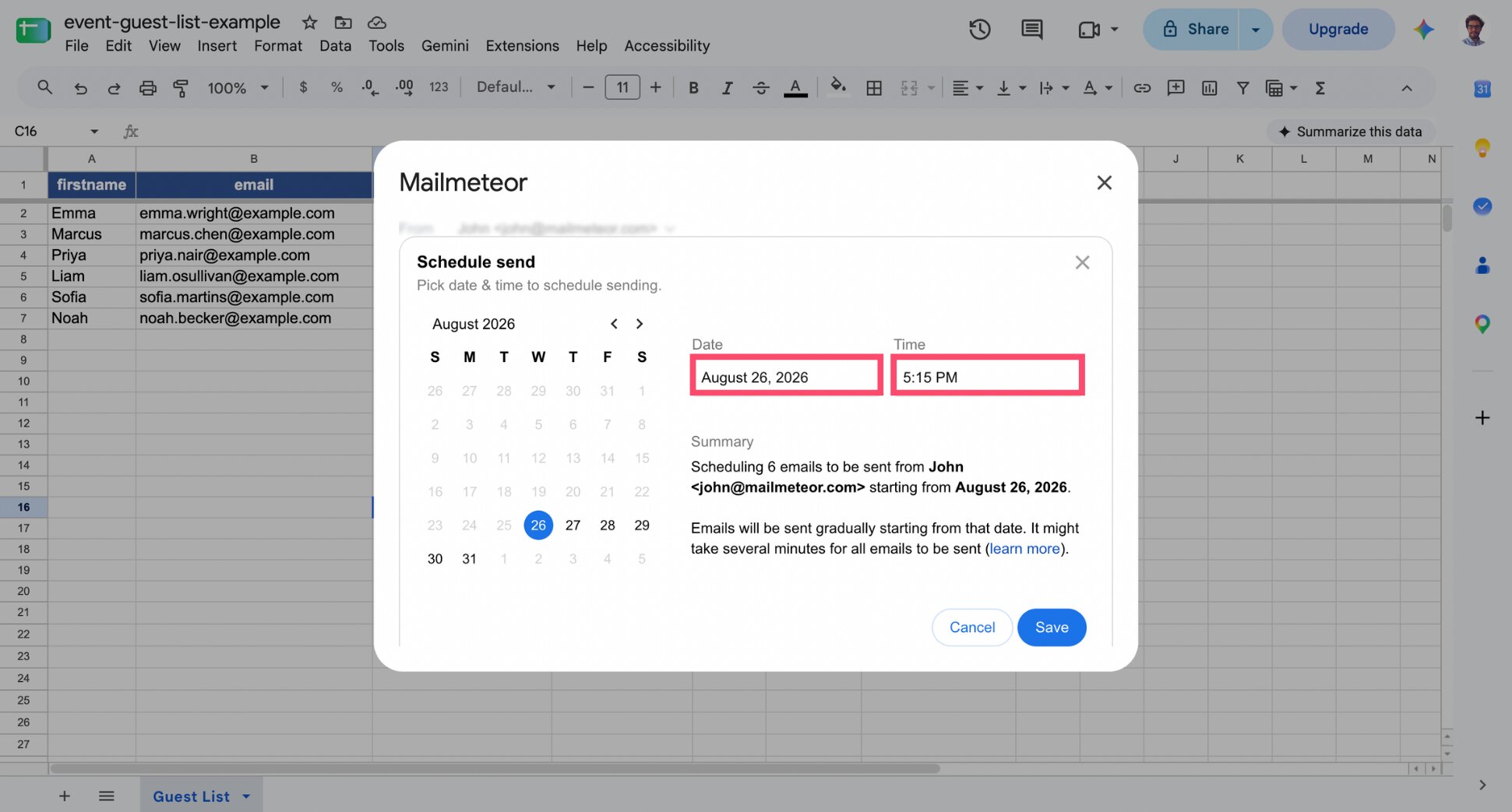 Mailmeteor scheduling screen for picking a send date and time