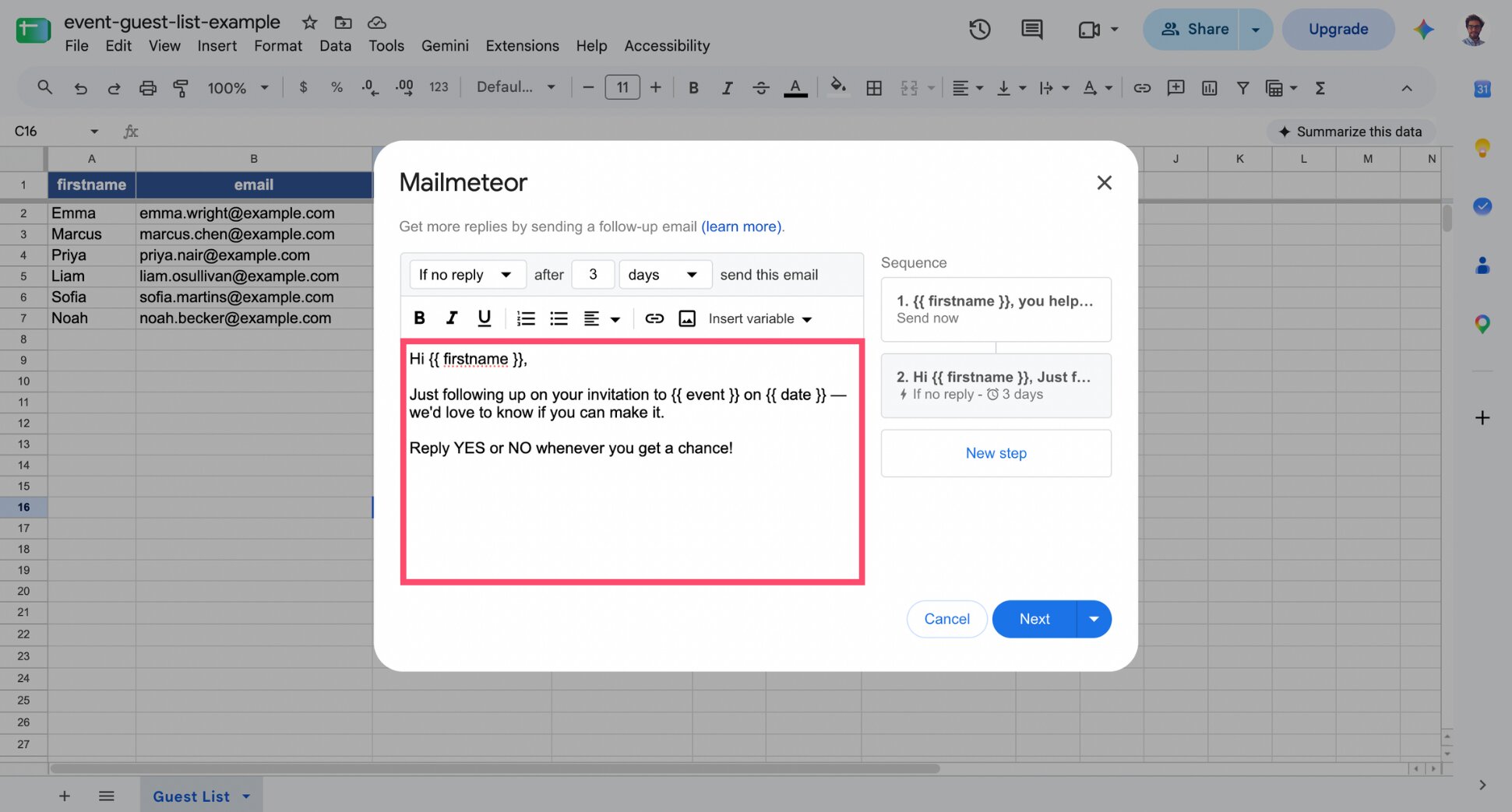 Mailmeteor follow-up email editor with reminder message