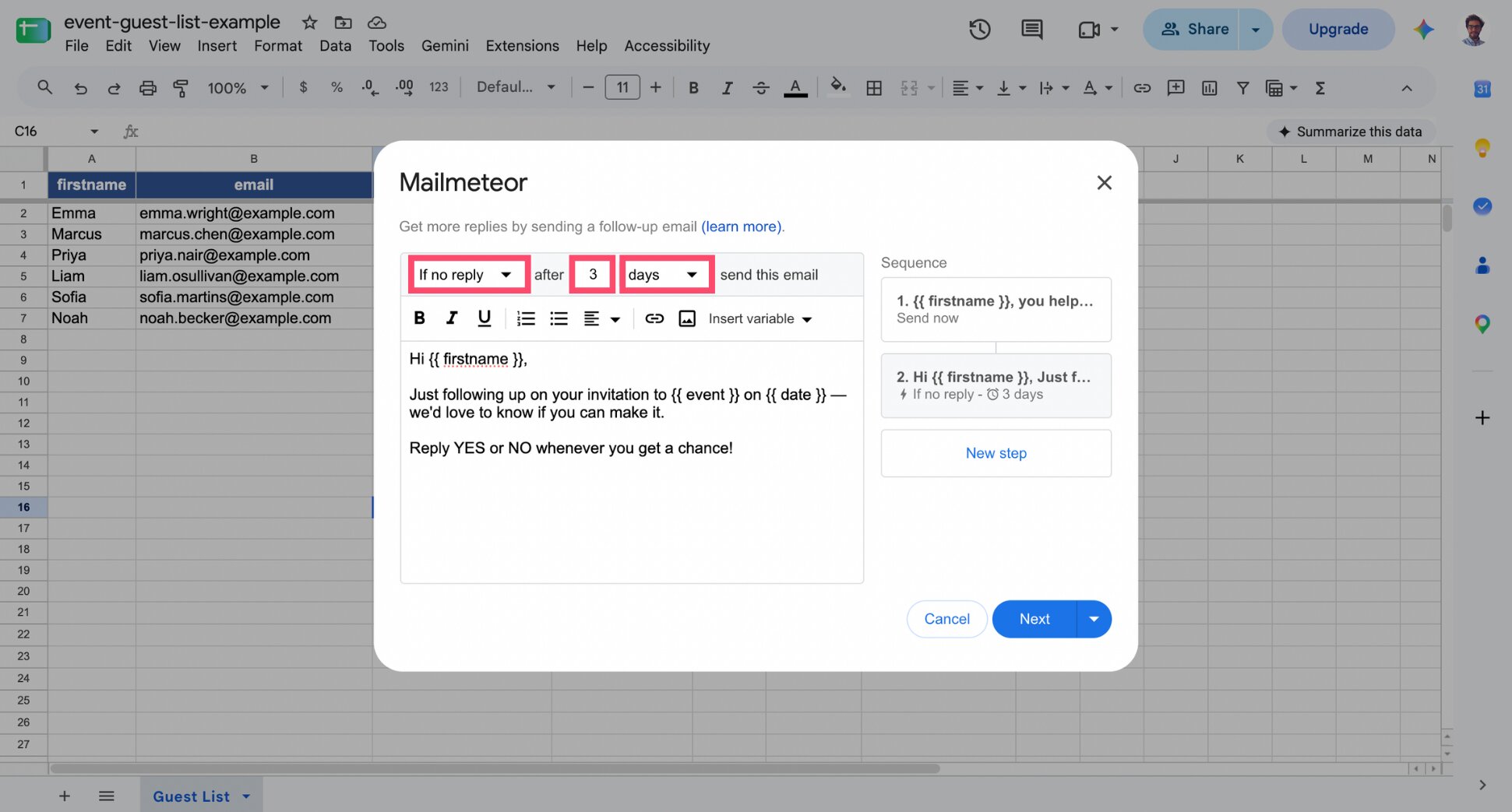 Mailmeteor follow-up settings with If no reply trigger and delay options