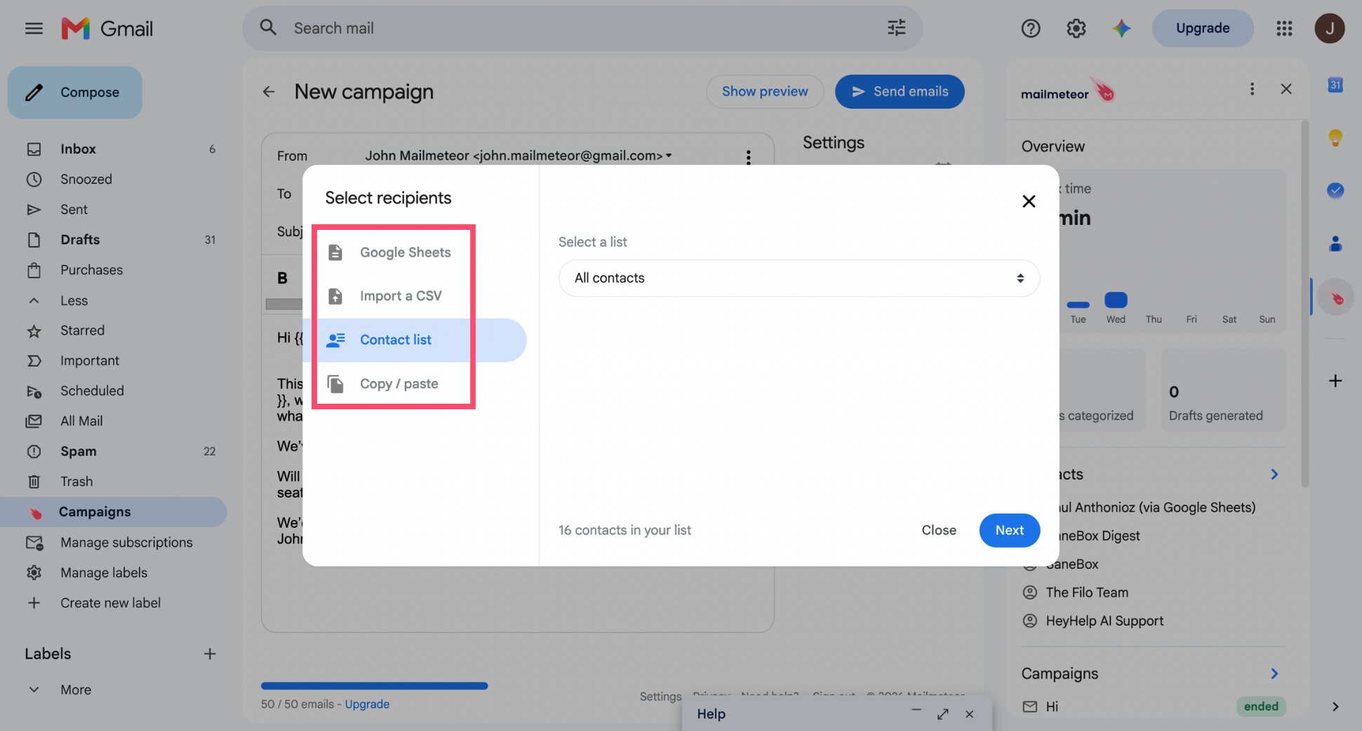 Mailmeteor Select recipients panel with import options for Google Sheet, CSV, and contact list