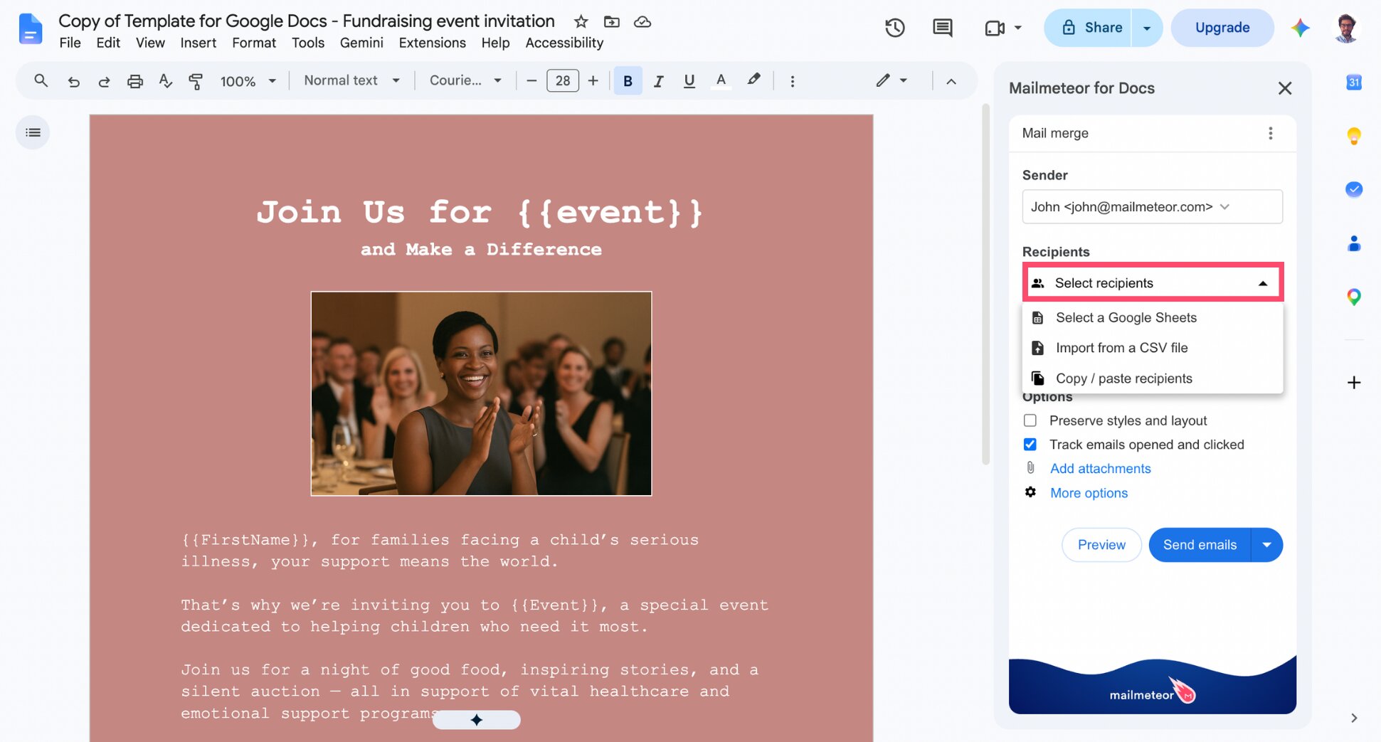 Mailmeteor panel for selecting a Google Sheets spreadsheet as the recipient list