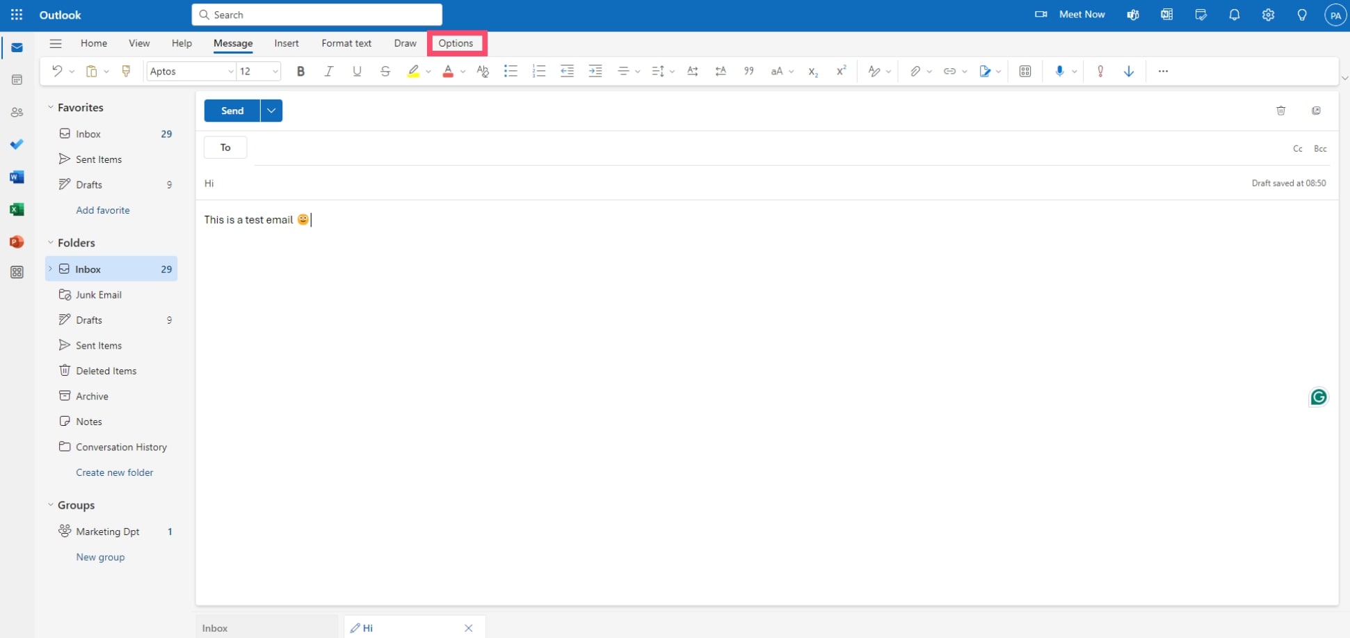 Options tab in Microsoft Outlook