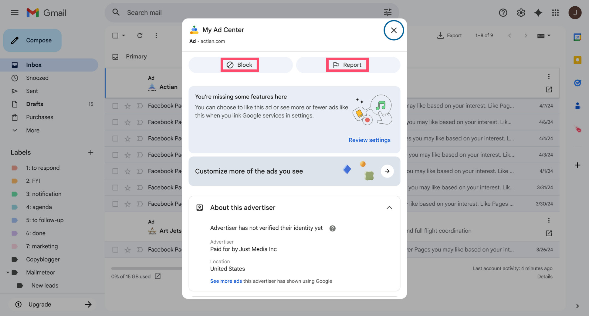 Gmail options menu showing Block and Report actions for a sponsored ad