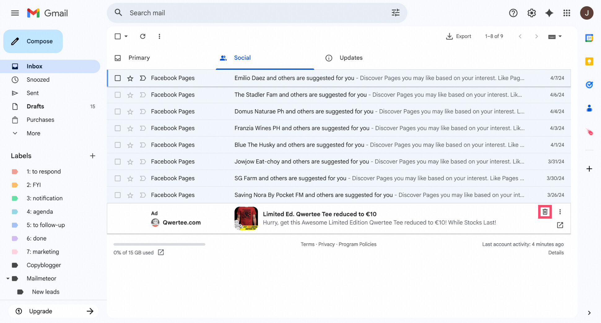 Gmail sponsored email showing the trash icon used to delete a single ad from the inbox