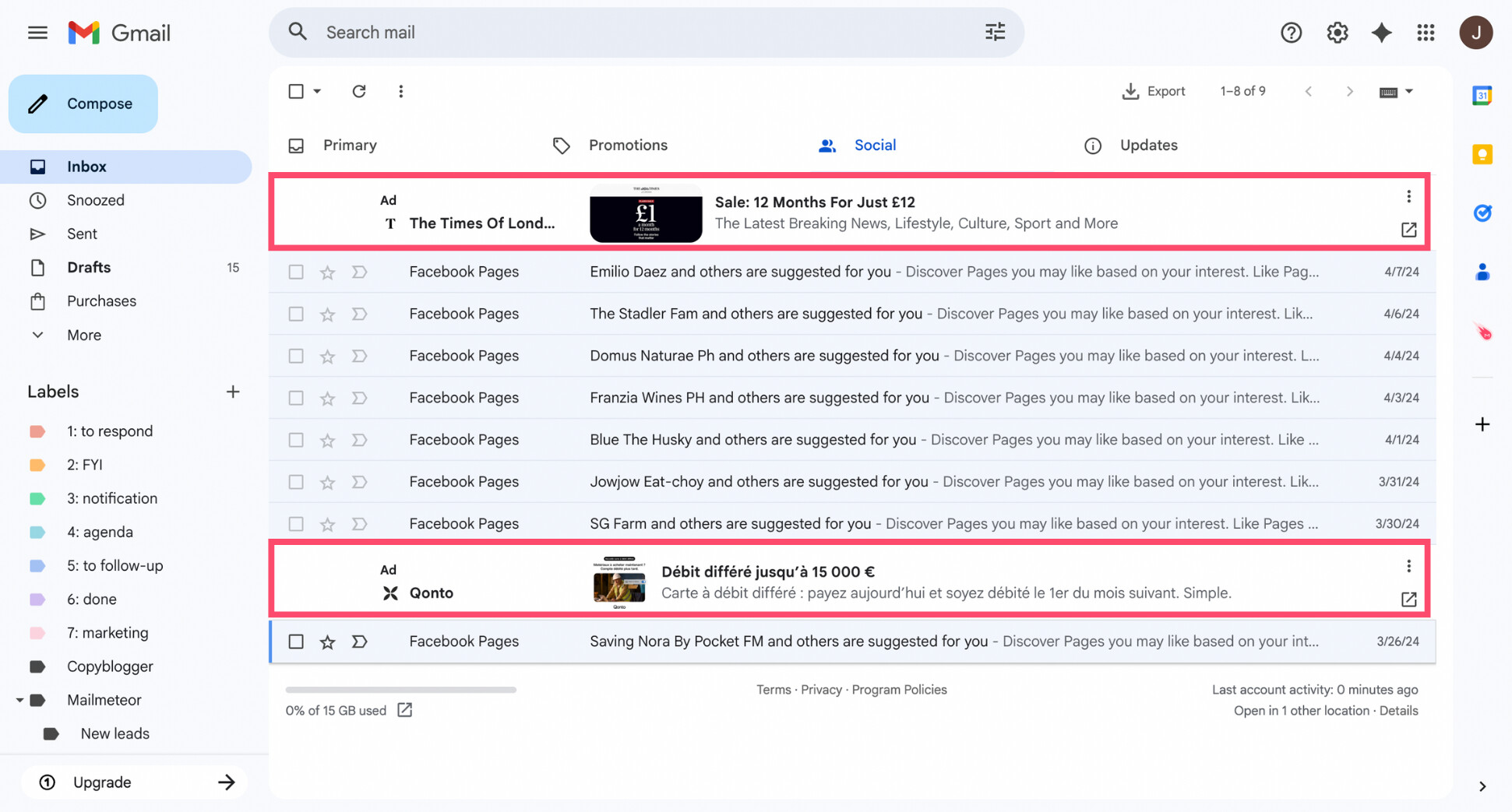 Gmail inbox showing a sponsored ad at the top of the Promotions tab