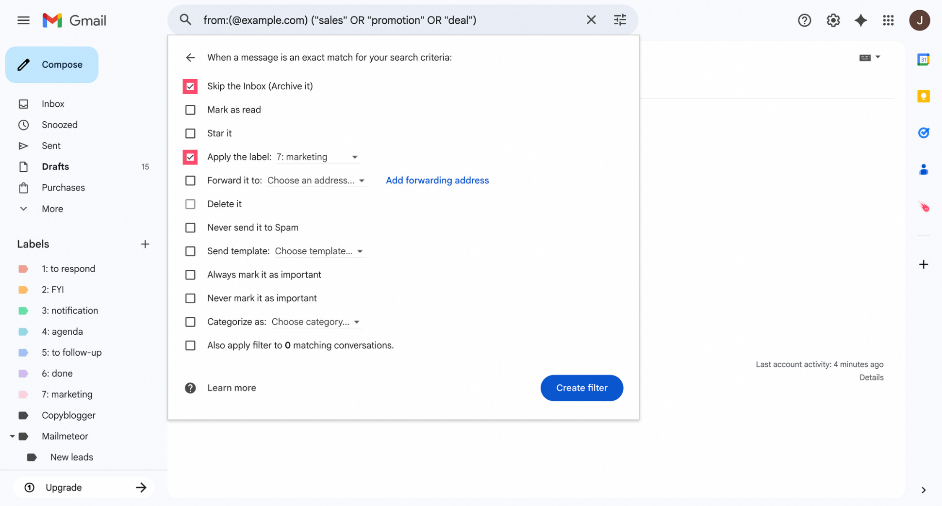 Gmail filter settings with “Skip the Inbox” selected and label options visible