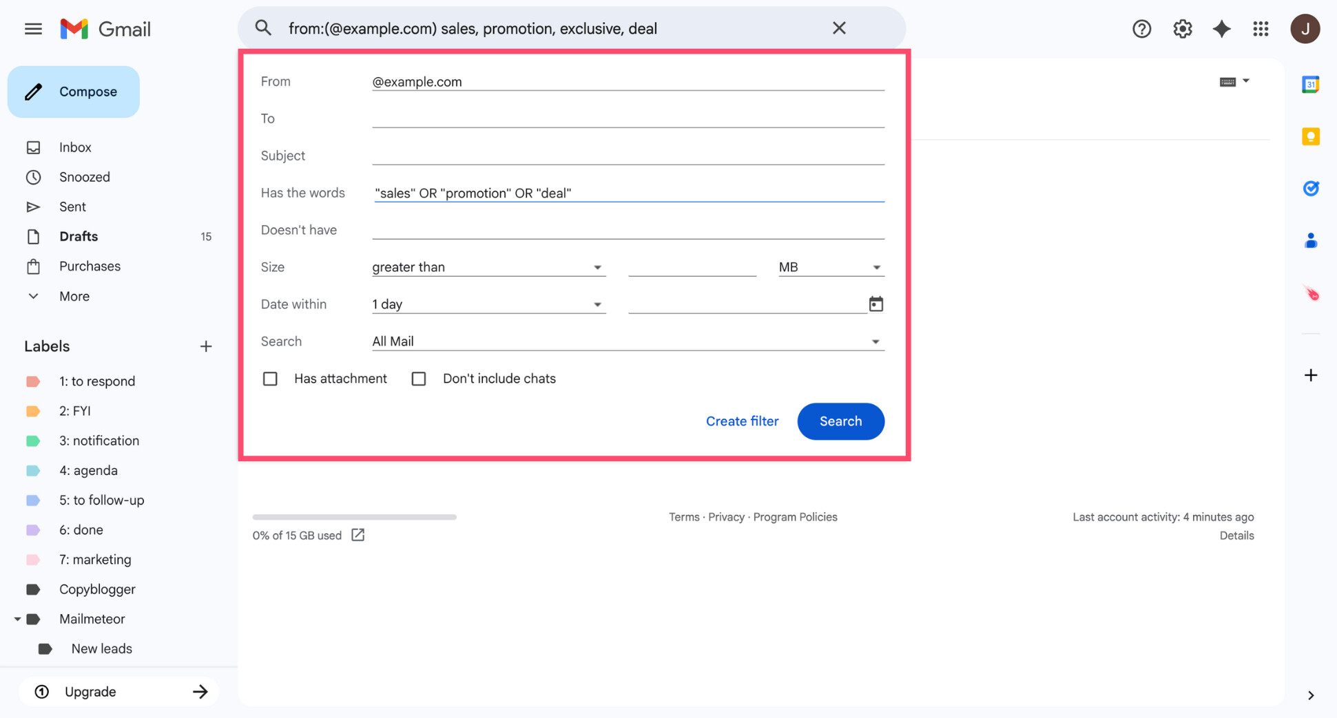 Gmail advanced search options with keywords and sender filters filled in