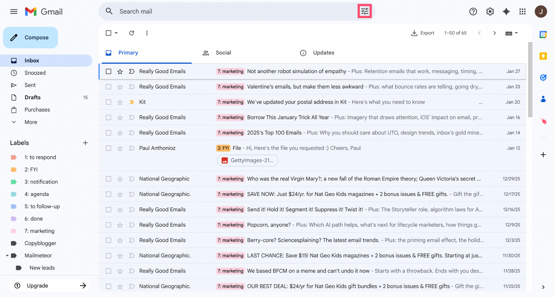 Gmail search bar showing the “Show search options” icon