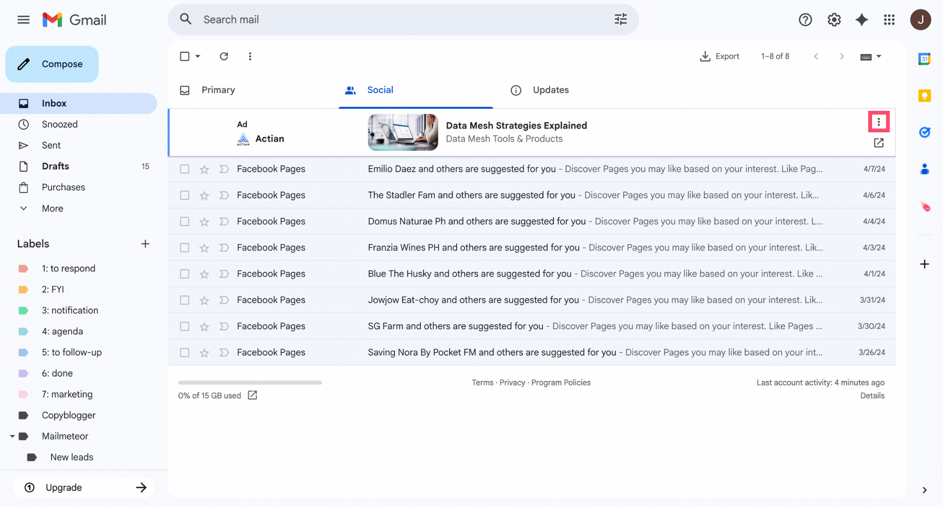 Gmail sponsored ad with the three-dot menu opened on the right side