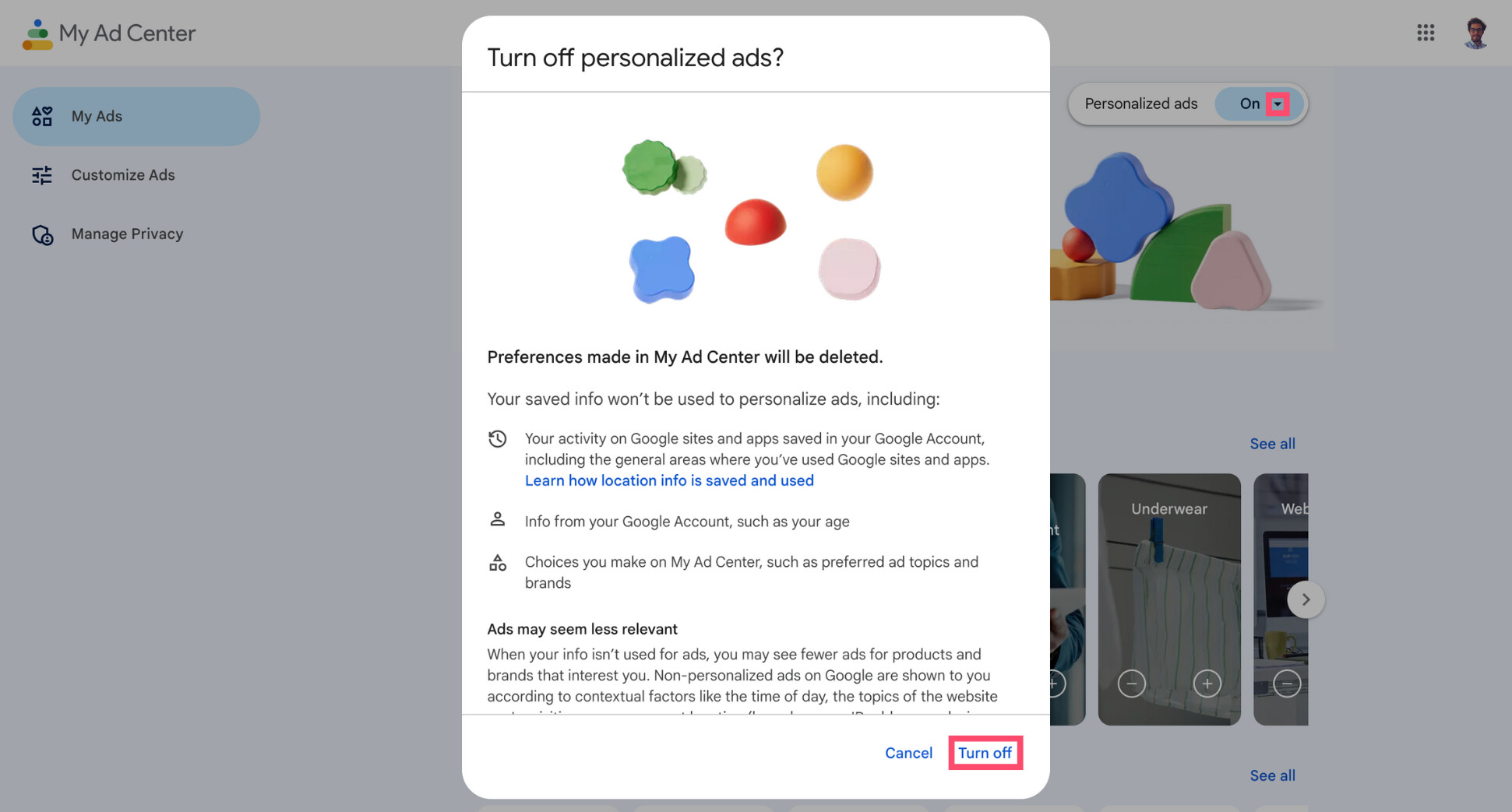 Google Ad Settings screen with Ad Personalization disabled