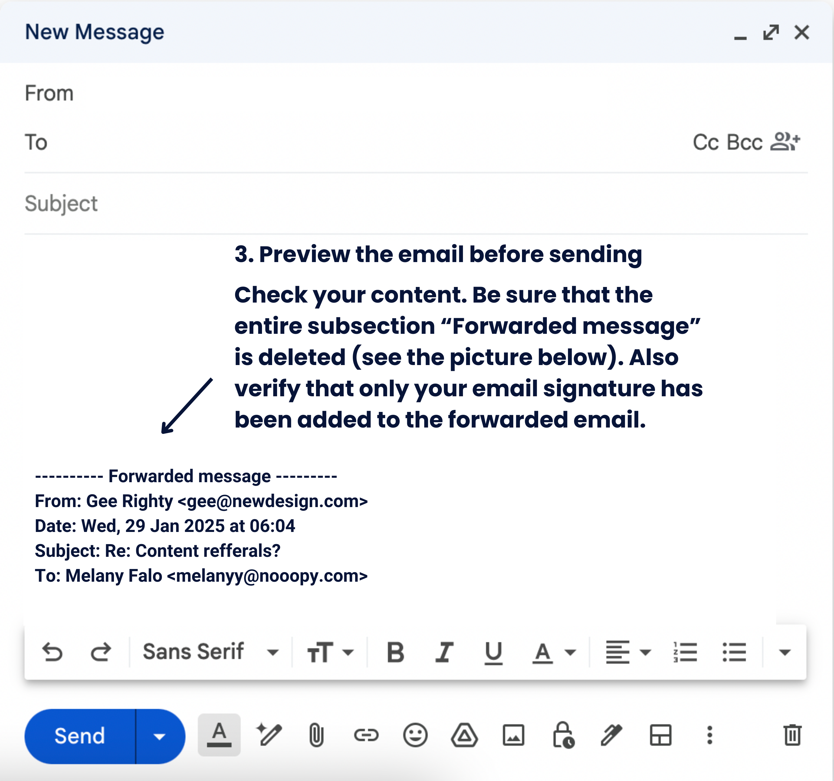 Remove the "Forwarded message" notice before sending