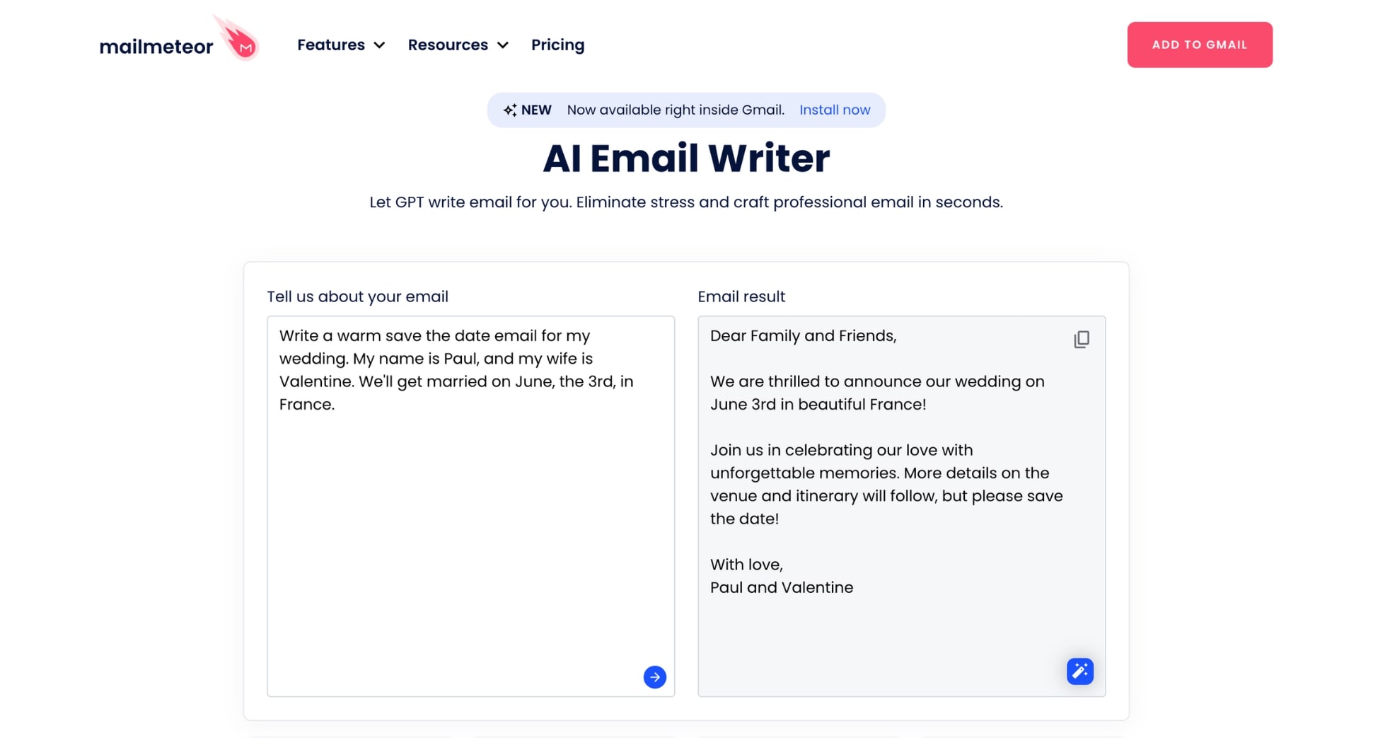 Example of a save the date email drafted by Mailmeteor’s AI Email Writer from a short event description