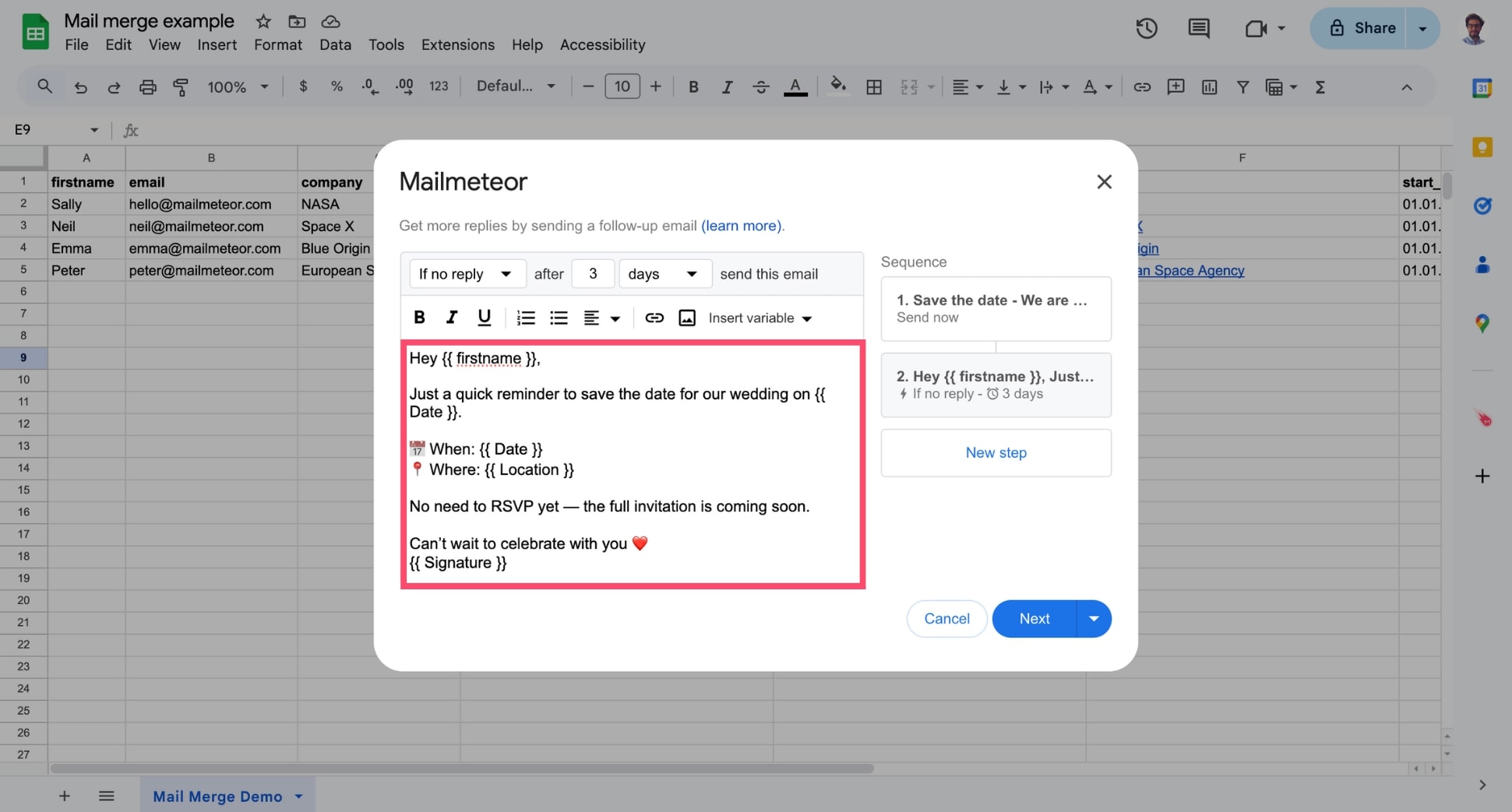 Mailmeteor follow-up editor with personalized variables inserted into the reminder email