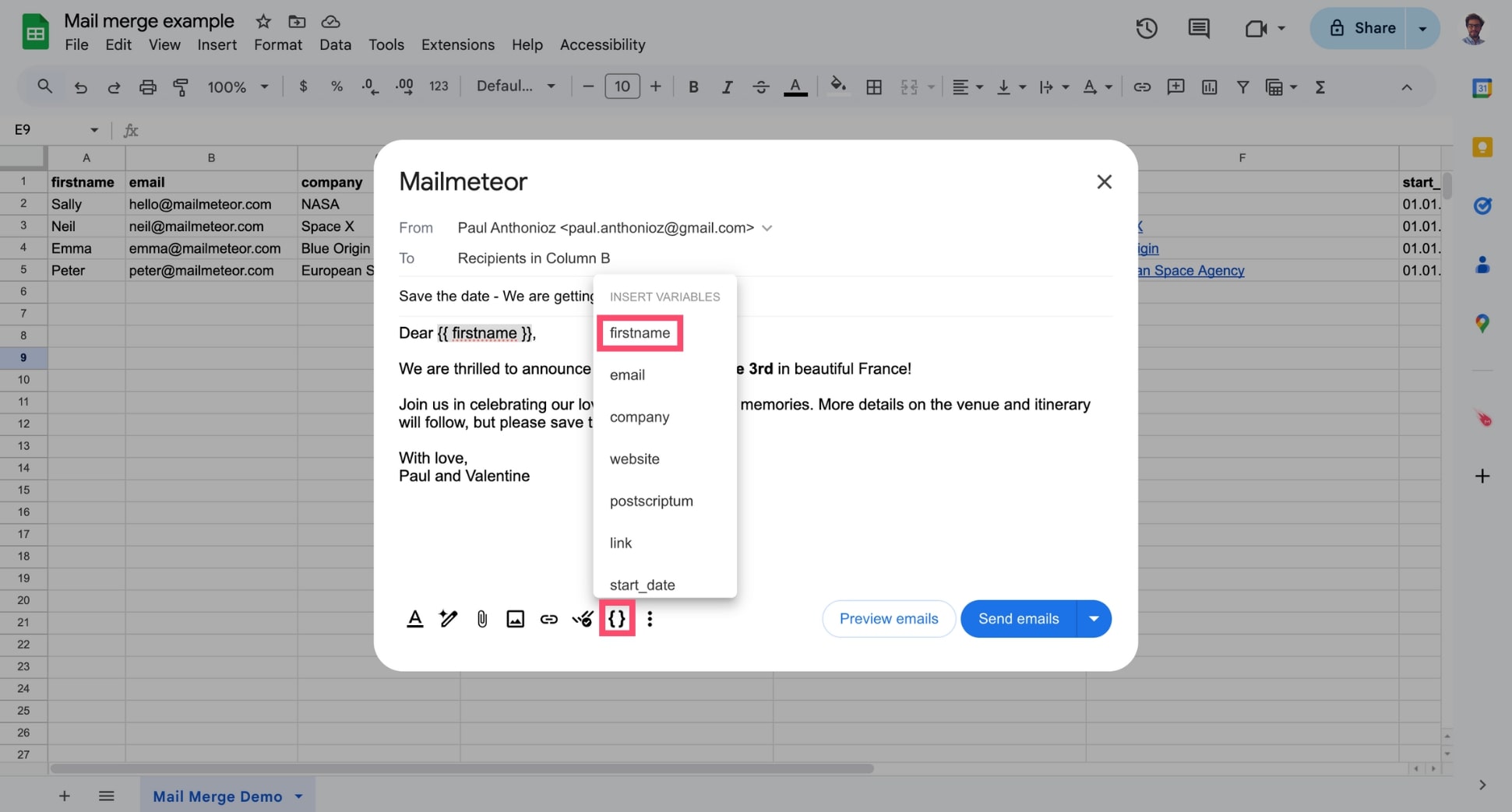 Personalizing a save the date email using Mailmeteor variables such as name and event details