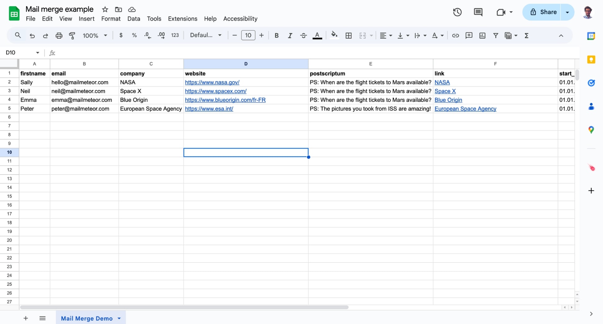 Google Sheets guest list prepared for a mail merge with personalization columns