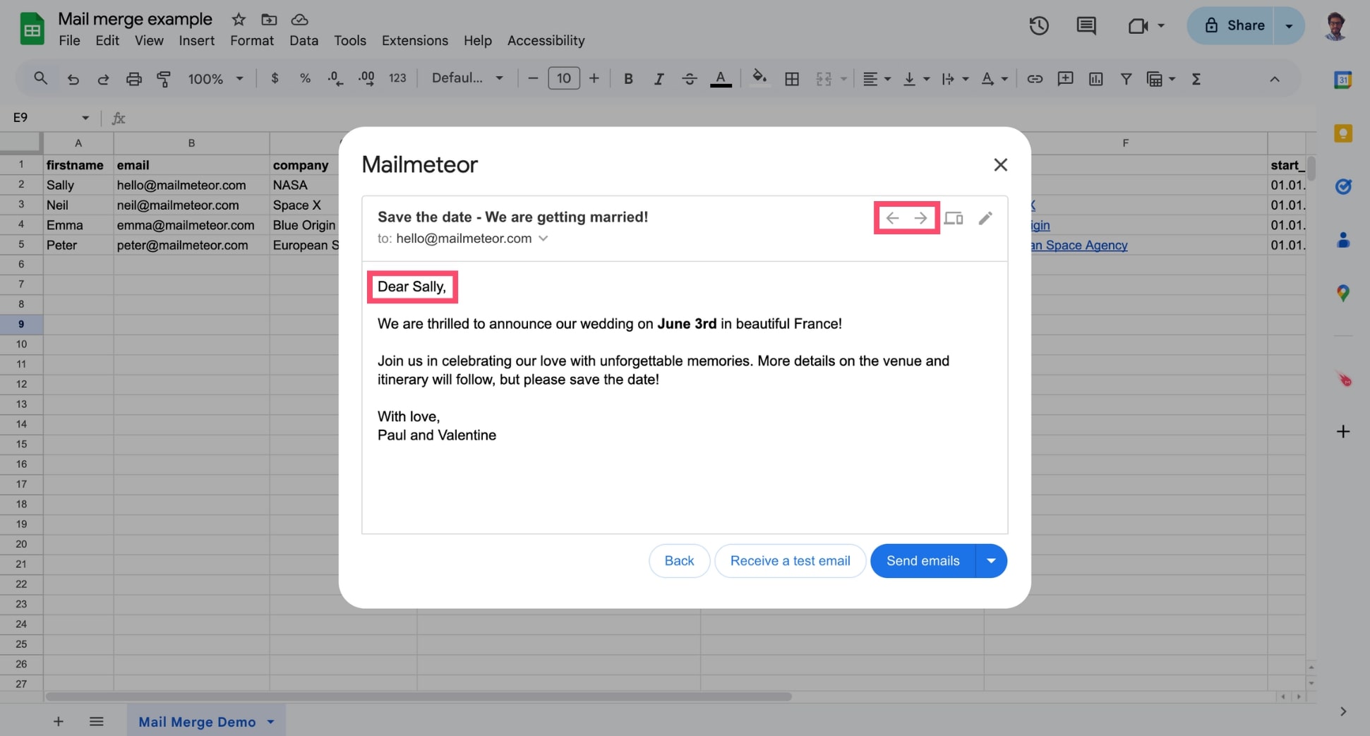 Previewing personalized emails in Mailmeteor before sending the save the date