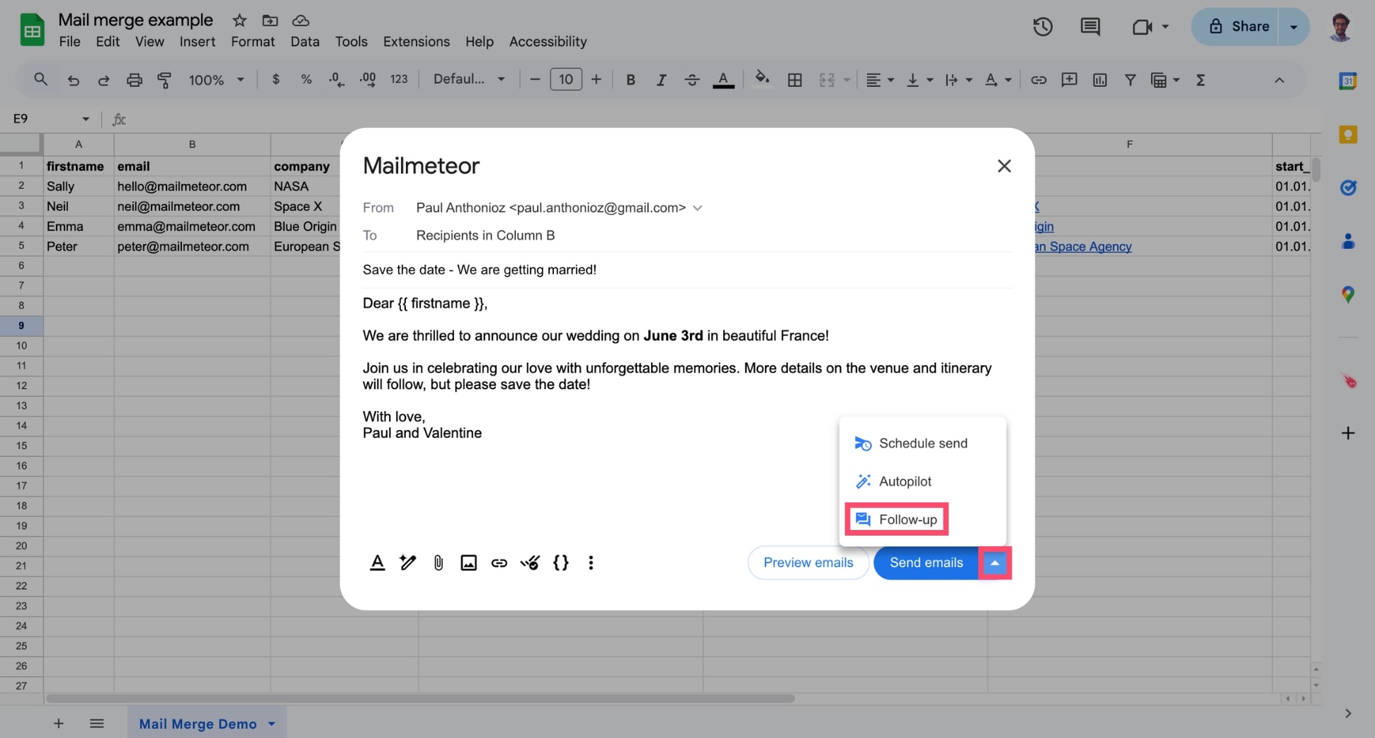 Mailmeteor interface showing the dropdown next to “Send emails” with “Follow-up” selected