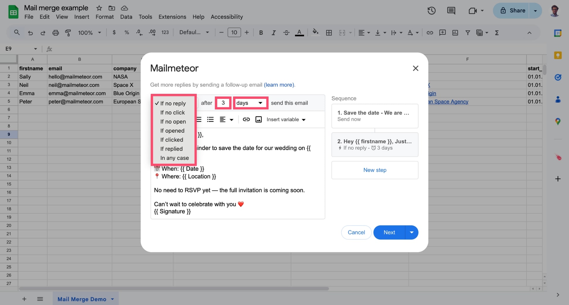 Mailmeteor follow-up conditions screen with the option “Send if no opens after 3 days” highlighted