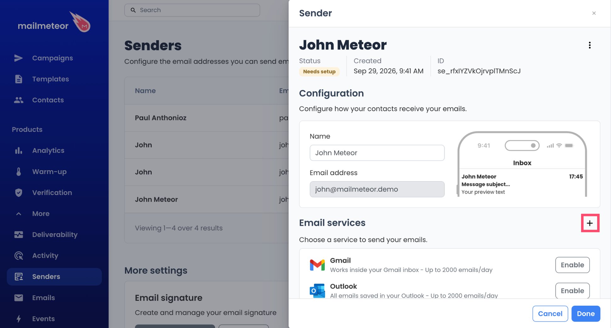 Plus button beside Email services on a GoDaddy sender