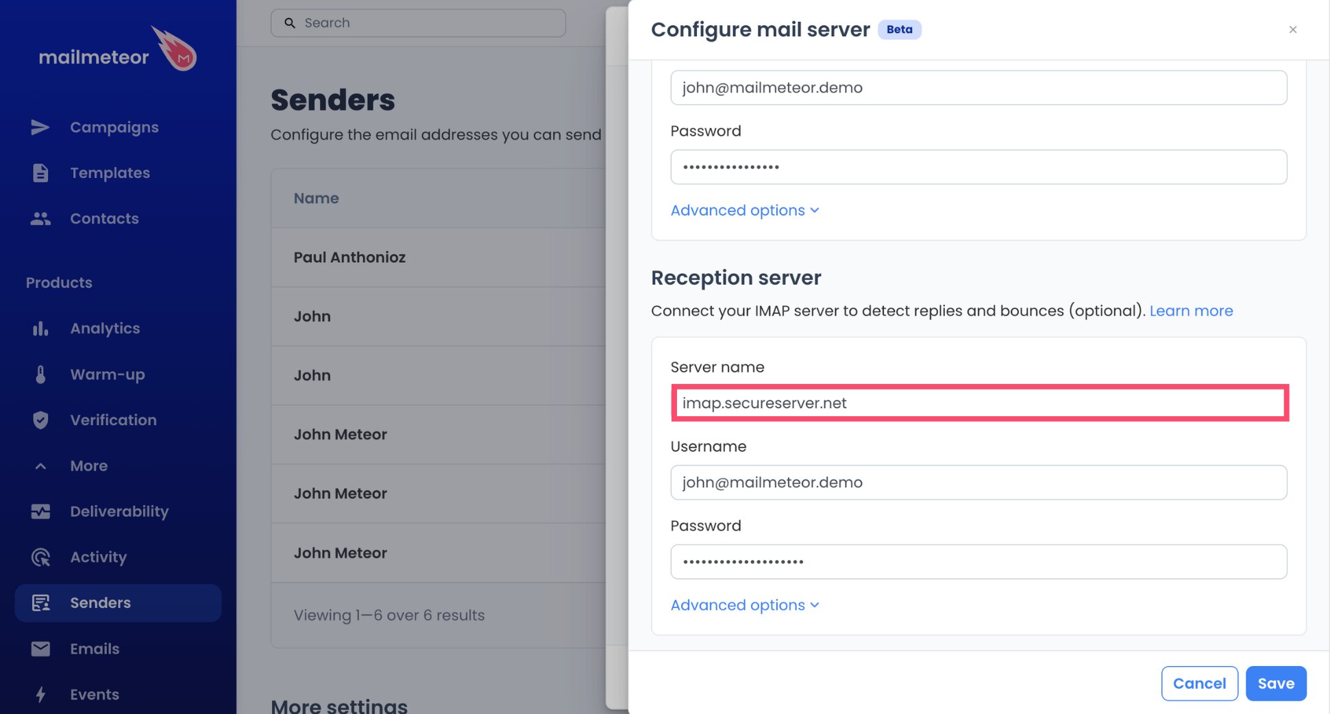 GoDaddy IMAP server imap.secureserver.net typed into Mailmeteor