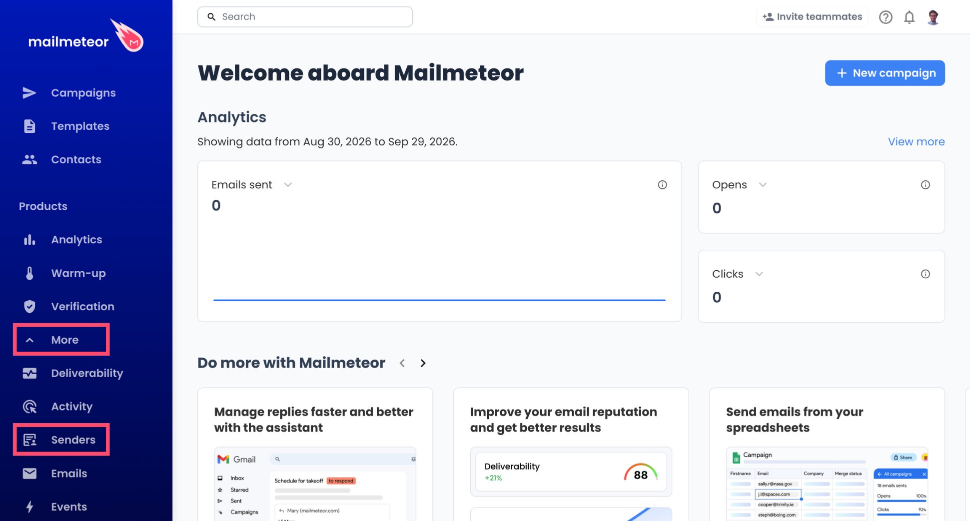 Senders page reached through the Products menu of Mailmeteor