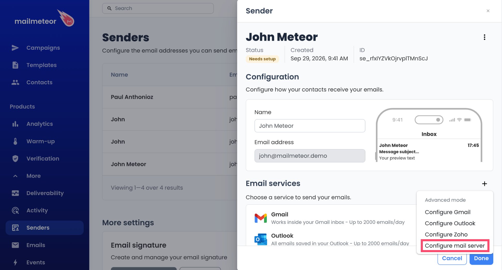 Selecting Configure mail server to connect a Hostinger mailbox to Mailmeteor