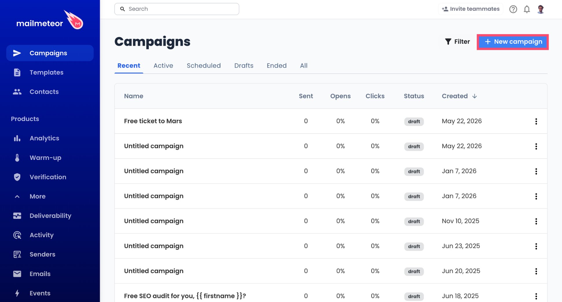 New campaign button in the Mailmeteor Dashboard